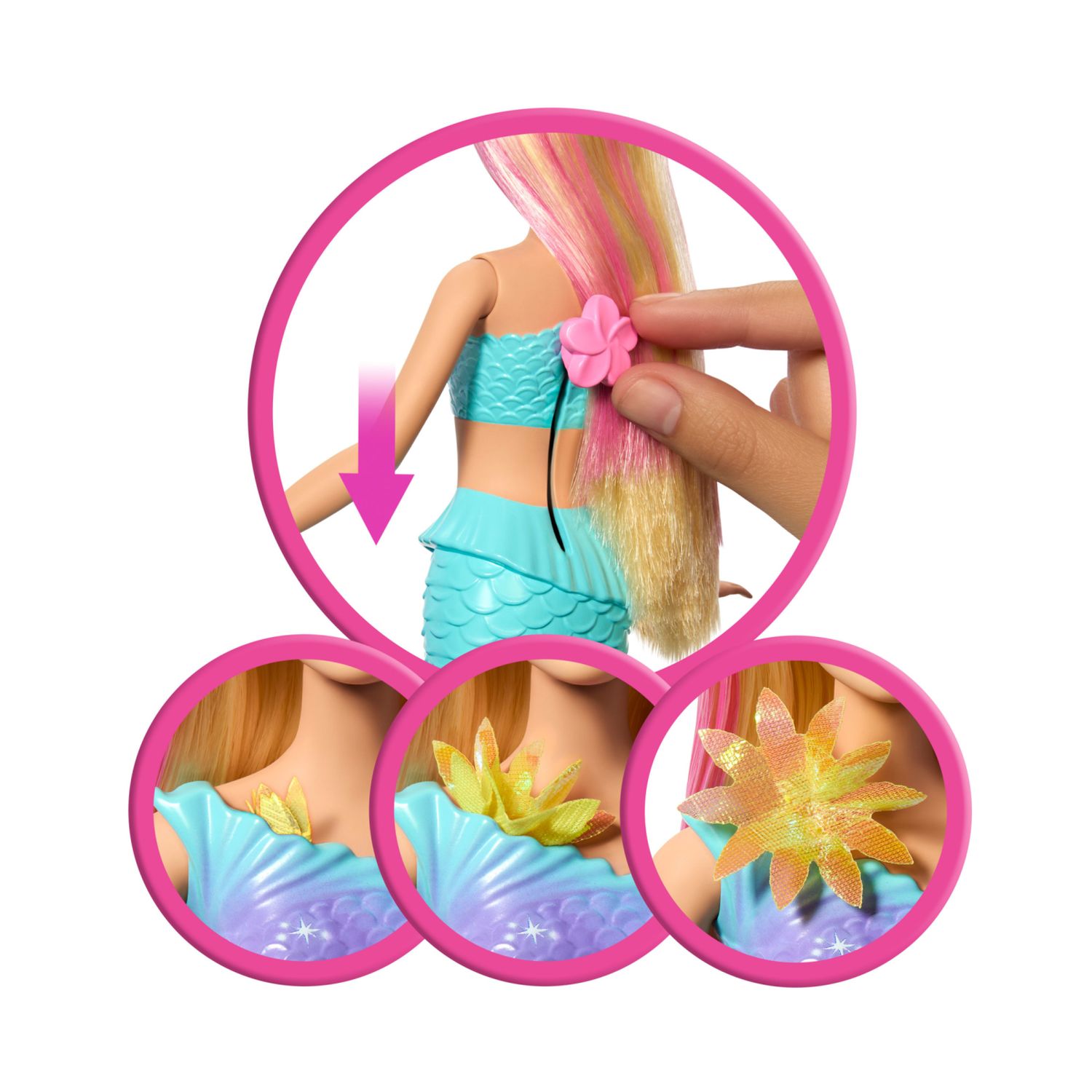 Barbie - sirena magia floreale, bambola con coda sfumata e fascia con perle, magica sorpresa e fiori che sbocciano - Barbie