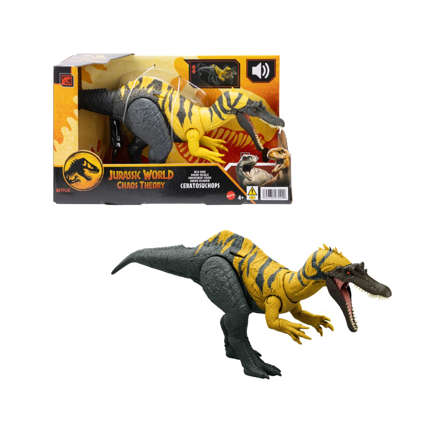 Mattel jurassic world - ceratosuchops ruggito selvaggio, dinosauro snodato con ruggito feroce e azione d'attacco inclusa - Jurassic World