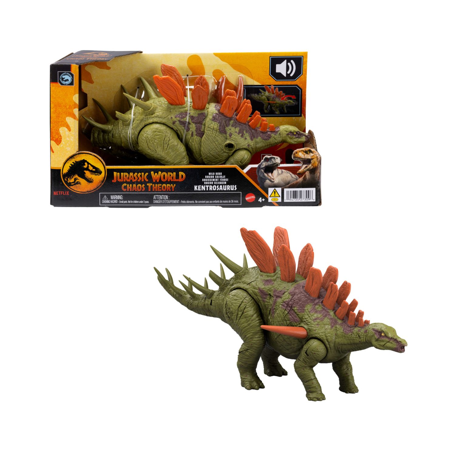 Mattel jurassic world - kentrosaurus ruggito selvaggio, dinosauro snodato con ruggito feroce e azione d'attacco inclusa - Jurassic World