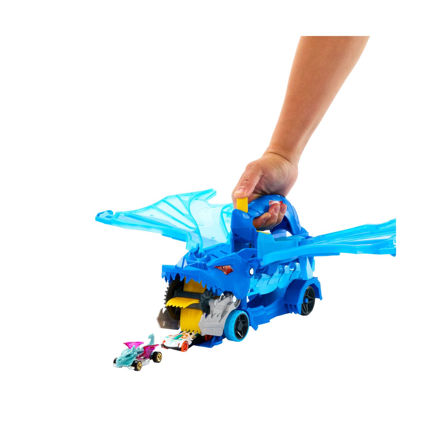 Hot wheels - drago trasportatore, veicolo trasformabile di grandi dimensioni con drago rimovibile e 2 macchinine incluse - Hot Wheels