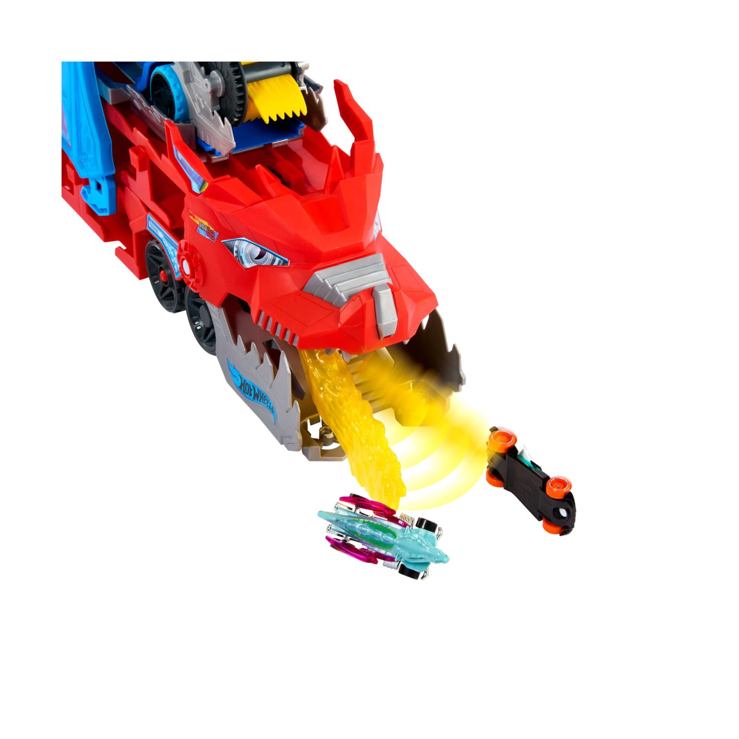 Hot wheels - drago trasportatore, veicolo trasformabile di grandi dimensioni con drago rimovibile e 2 macchinine incluse - Hot Wheels