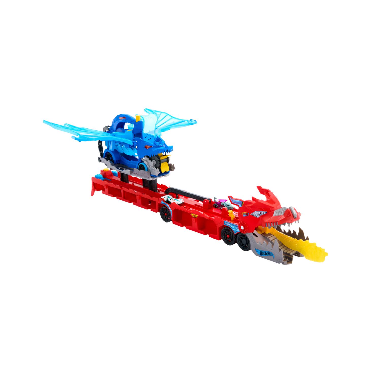 Hot wheels - drago trasportatore, veicolo trasformabile di grandi dimensioni con drago rimovibile e 2 macchinine incluse - Hot Wheels