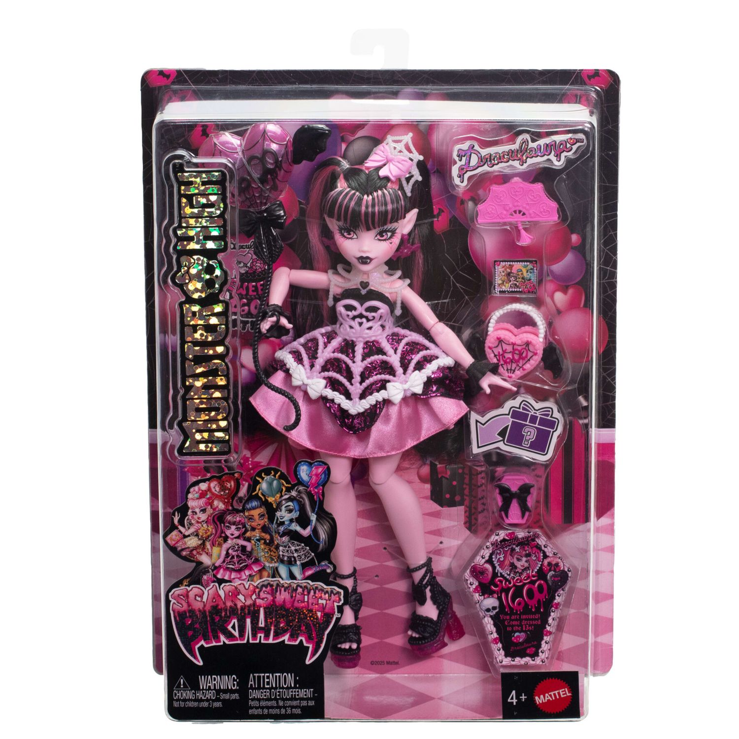 Monster high - draculaura scary sweet birthday, bambola con abito da party rosa e accessori a tema - Monster High