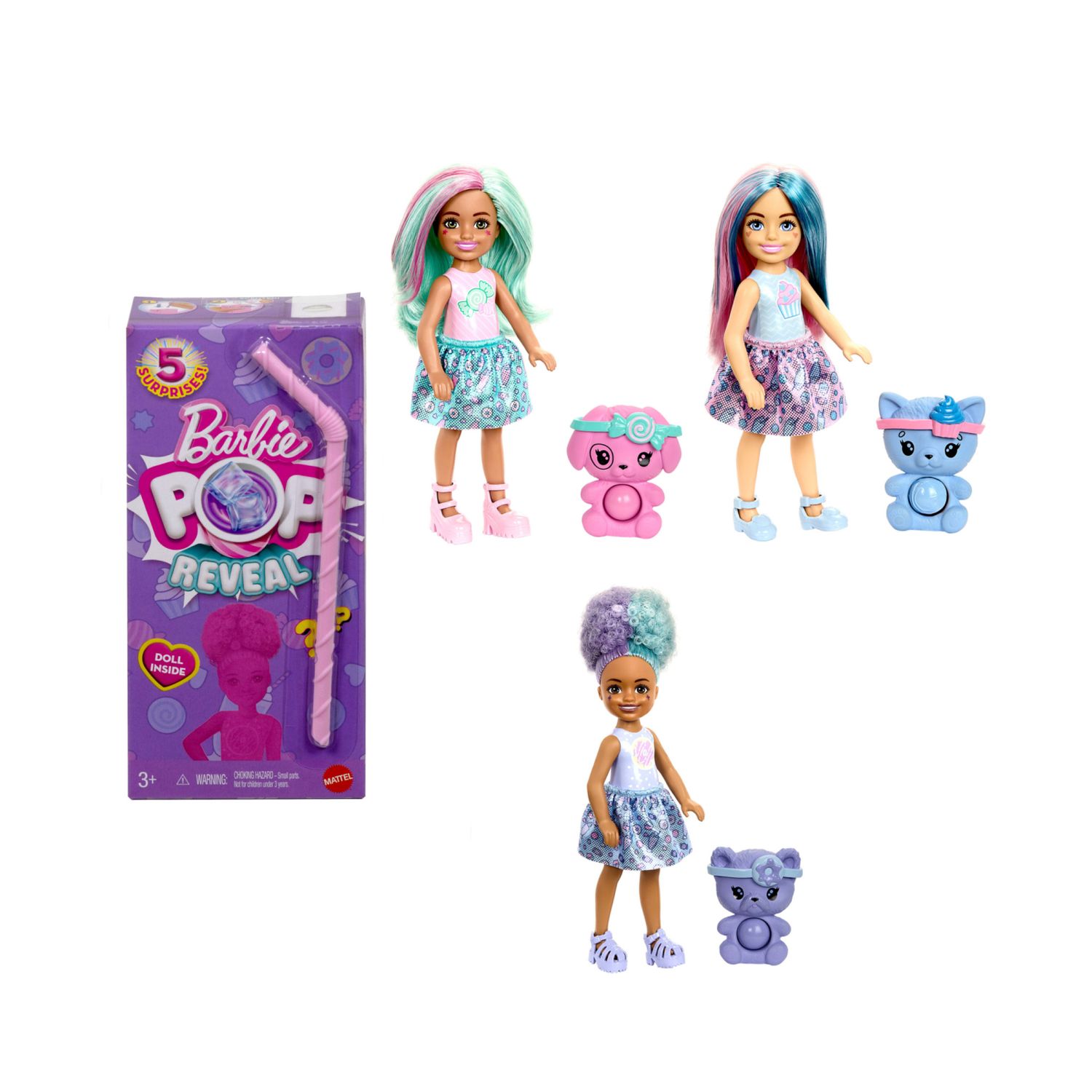 Barbie - chelsea pop reveal assortita serie dolci sorprese, mini bambola profumata con 5 sorprese, cucciolo interattivo ed effetto cambia colore - Barbie