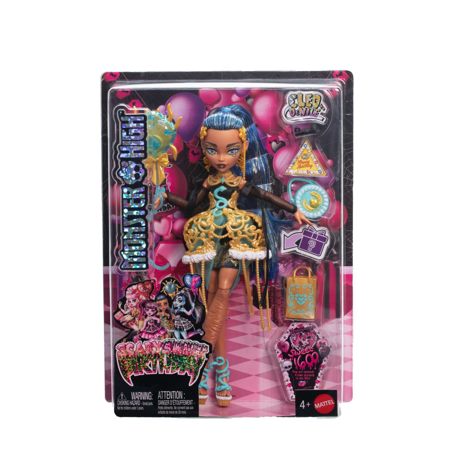 Monster high - cleo de nile scary sweet birthday, bambola con abito da party dorato e accessori a tema - Monster High