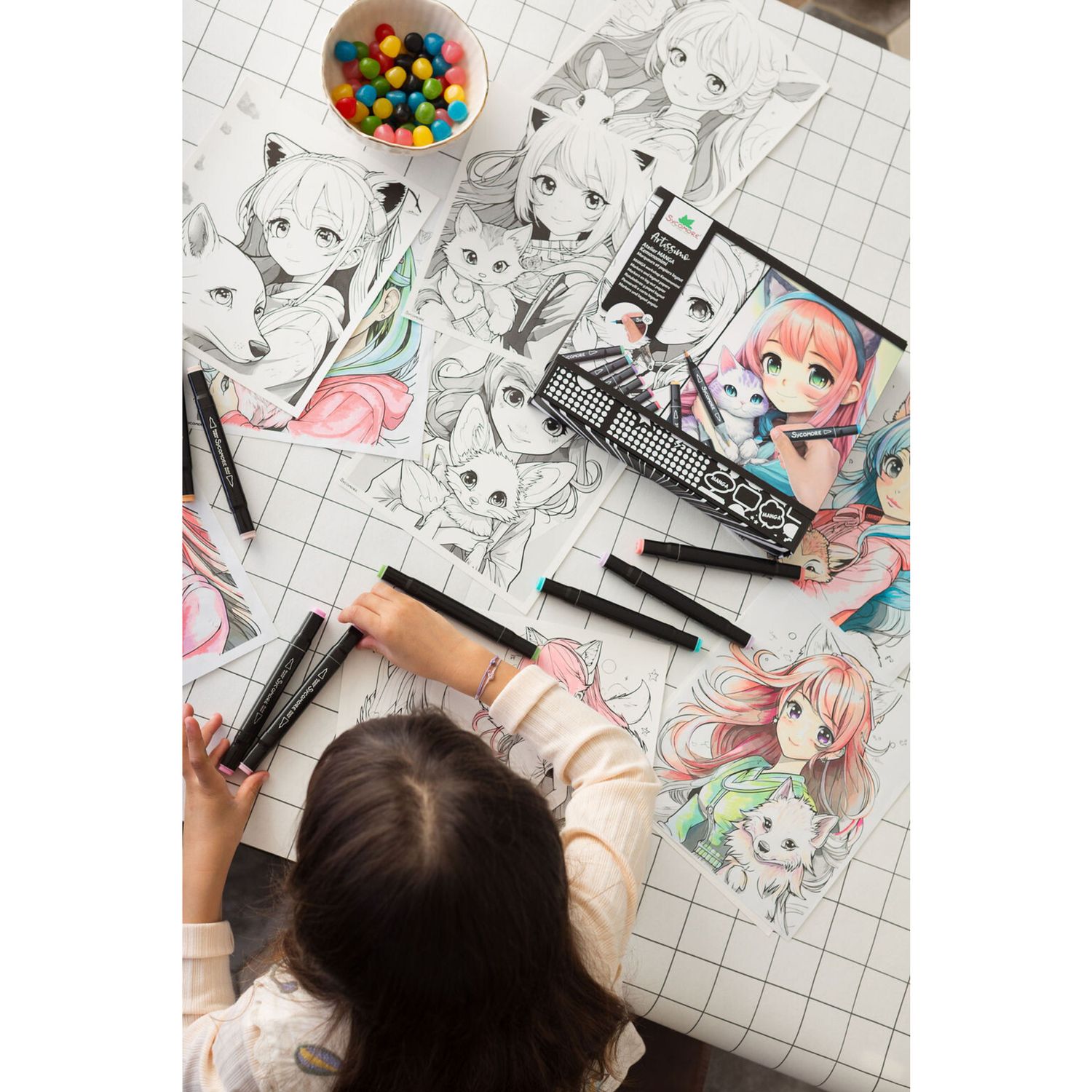 Sycomore - a scuola di manga kemonomimi - pennarelli e fogli con griglia - 