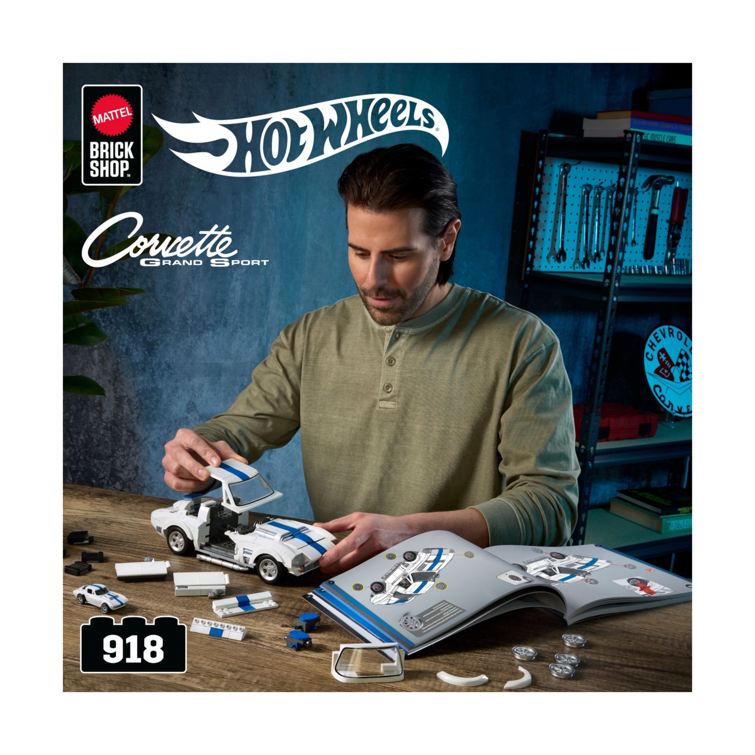 ​​mattel brick shop hot wheels - corvette grand sport serie elite, set da costruire con 918 pezzi, dettagli realistici e adesivi - BRICK SHOP, Hot Wheels