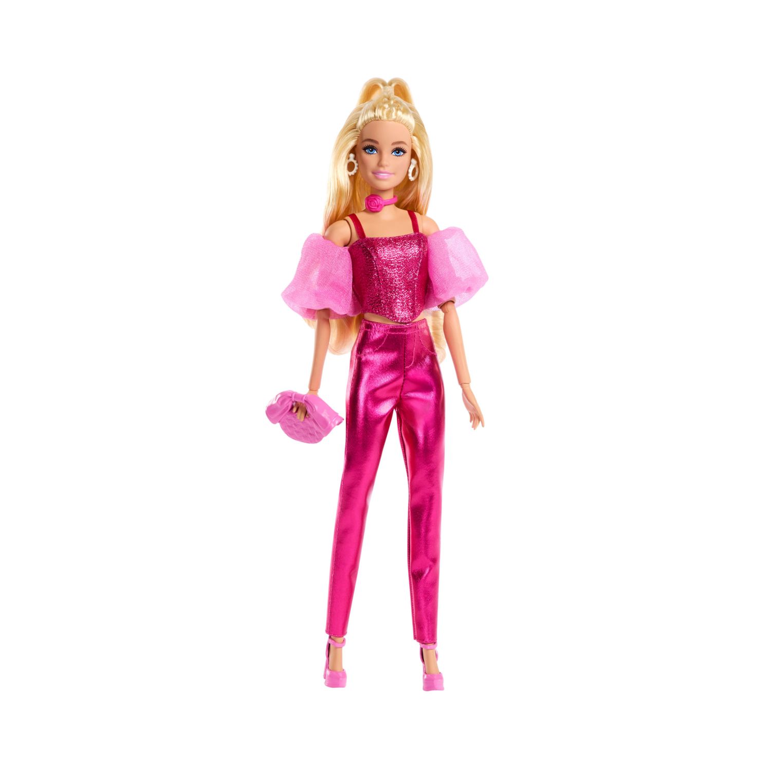 Barbie - deluxe style n. 5, bambola con abito rosa metallizzato e capelli biondi, top a corsetto scintillante e pantaloni lucidi - Barbie