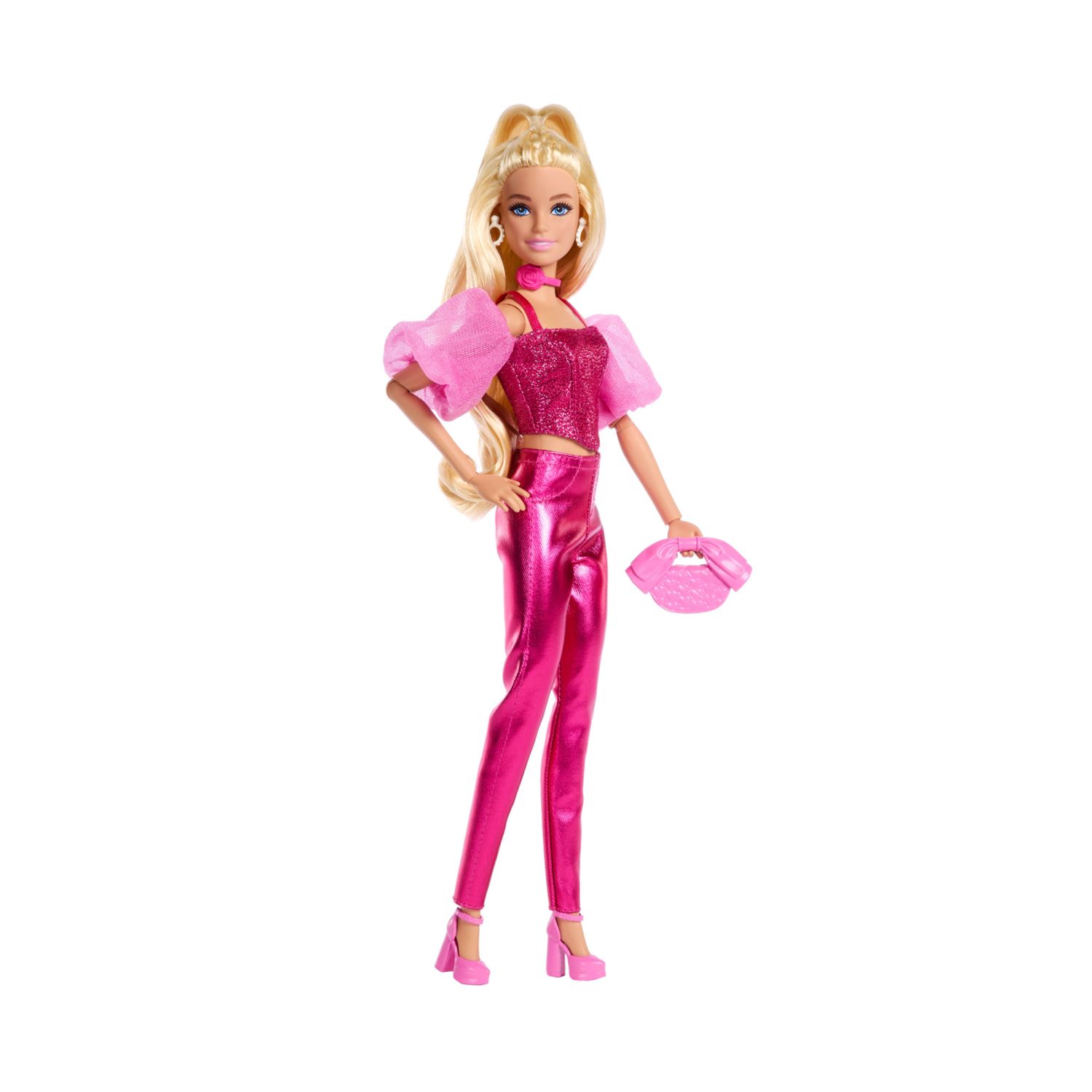 Barbie - deluxe style n. 5, bambola con abito rosa metallizzato e capelli biondi, top a corsetto scintillante e pantaloni lucidi - Barbie