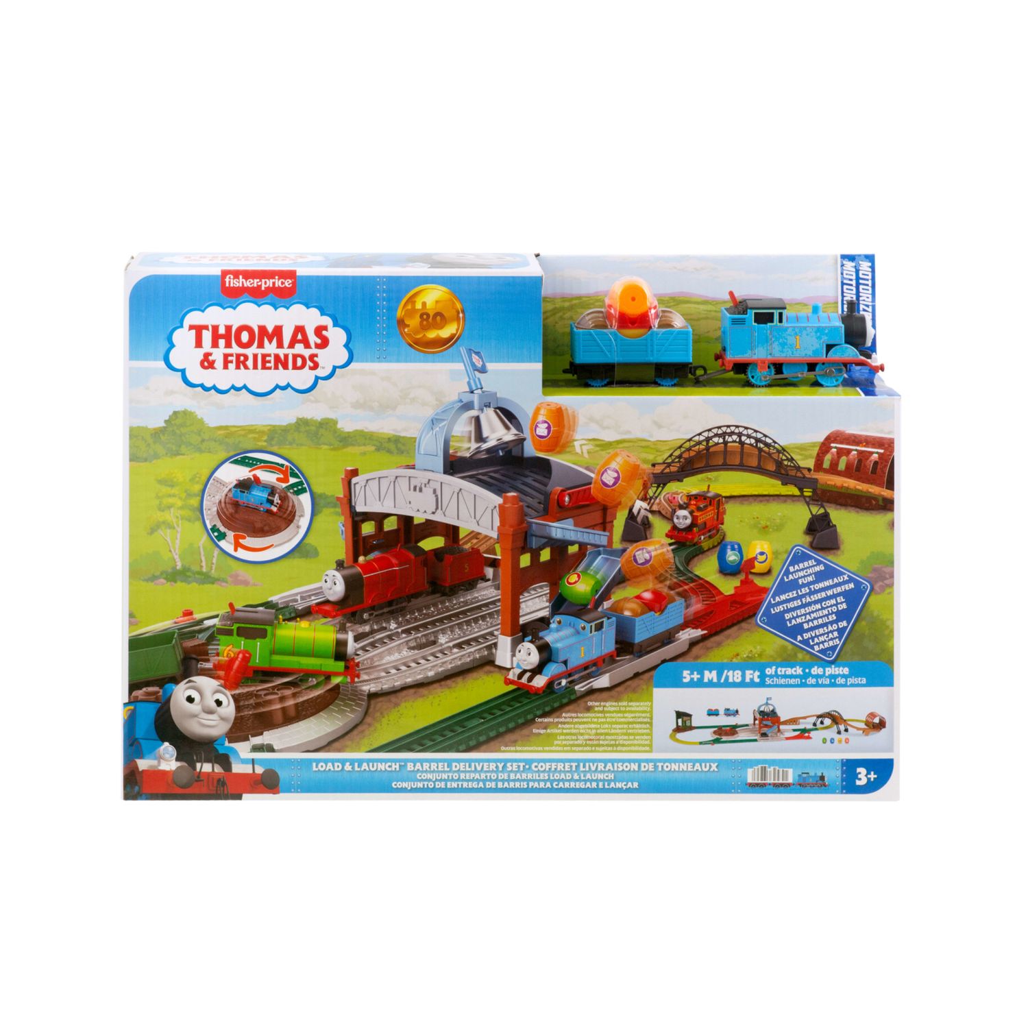 Il trenino thomas - centro di consegna barili, pista di 5 metri con locomotiva thomas motorizzata a pile, vagone merci e barili - THOMAS & FRIENDS