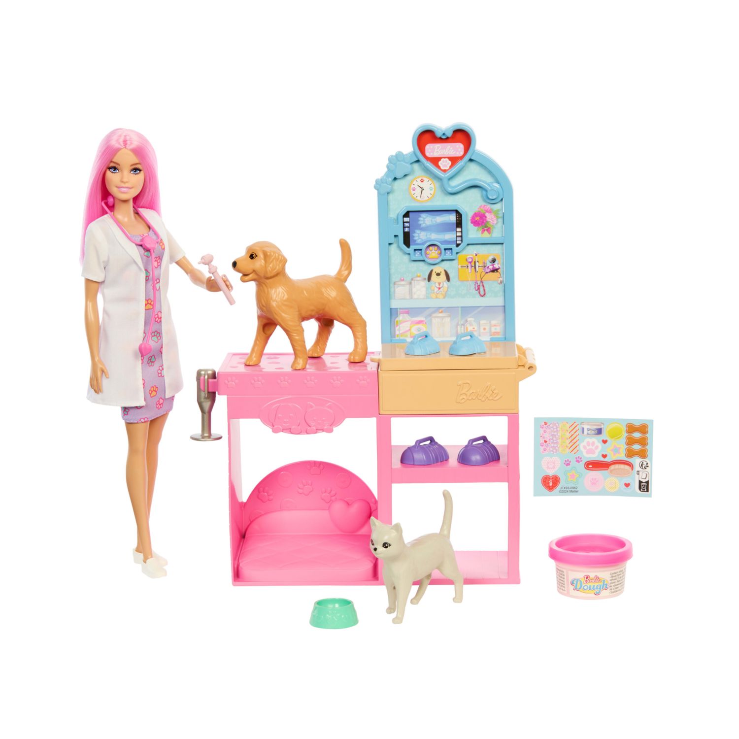 Barbie - clinica veterinaria di pronto soccorso, set con bambola, arredamento, pasta modellabile e 10 accessori - Barbie