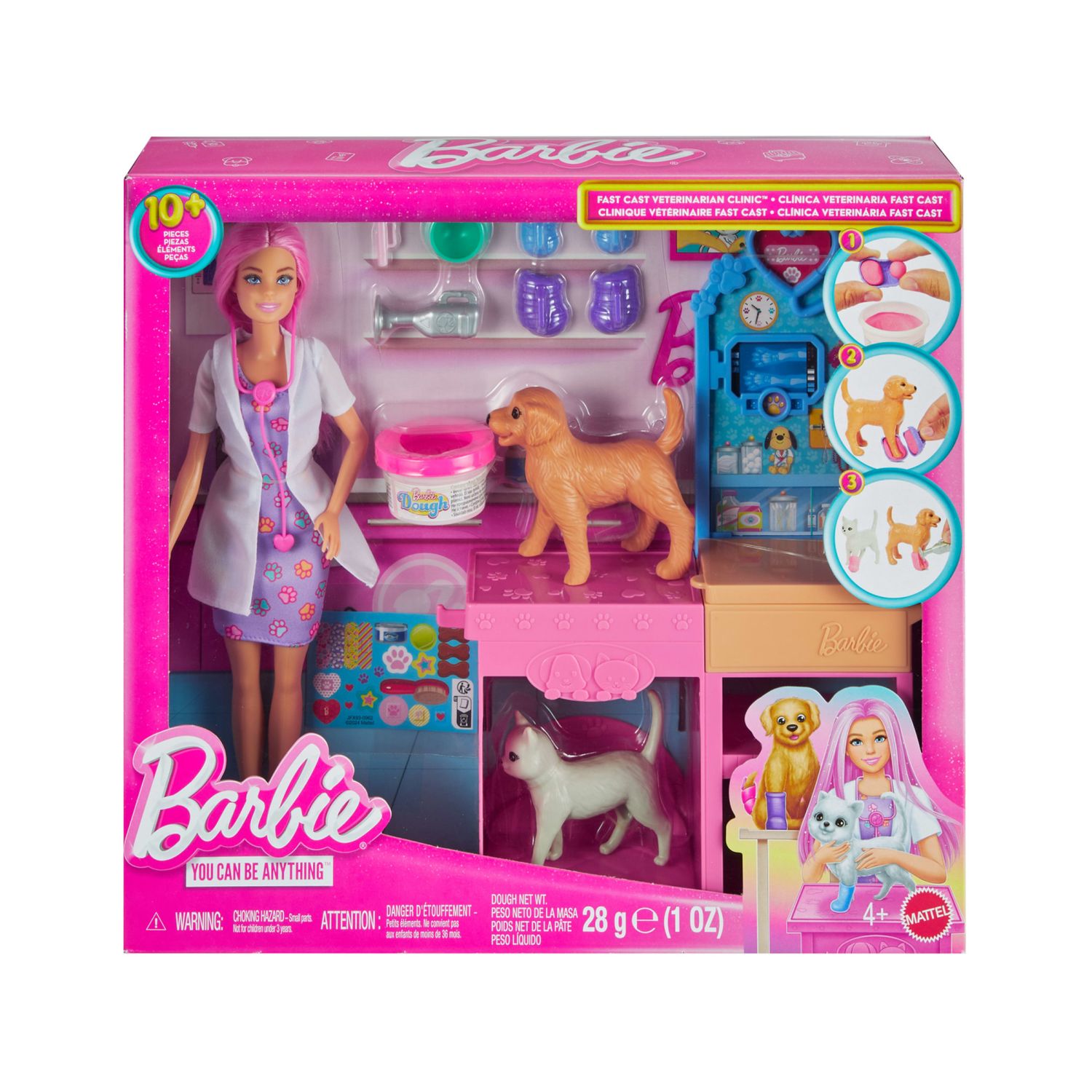 Barbie - clinica veterinaria di pronto soccorso, set con bambola, arredamento, pasta modellabile e 10 accessori - Barbie