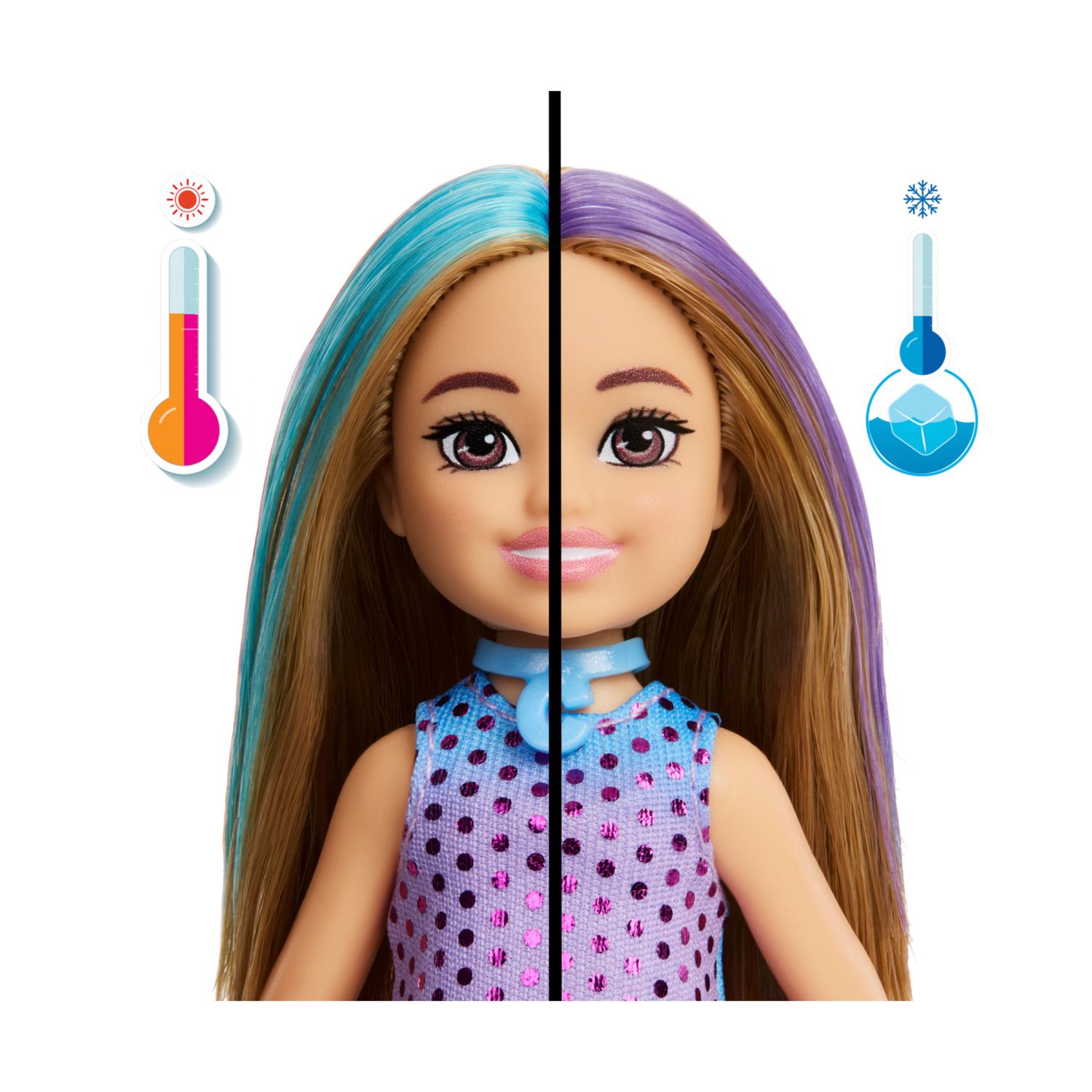 Barbie - chelsea party surprise assortita make-up party, set con bambola e un cucciolo, 6 sorpese con effetto cambia colore - Barbie