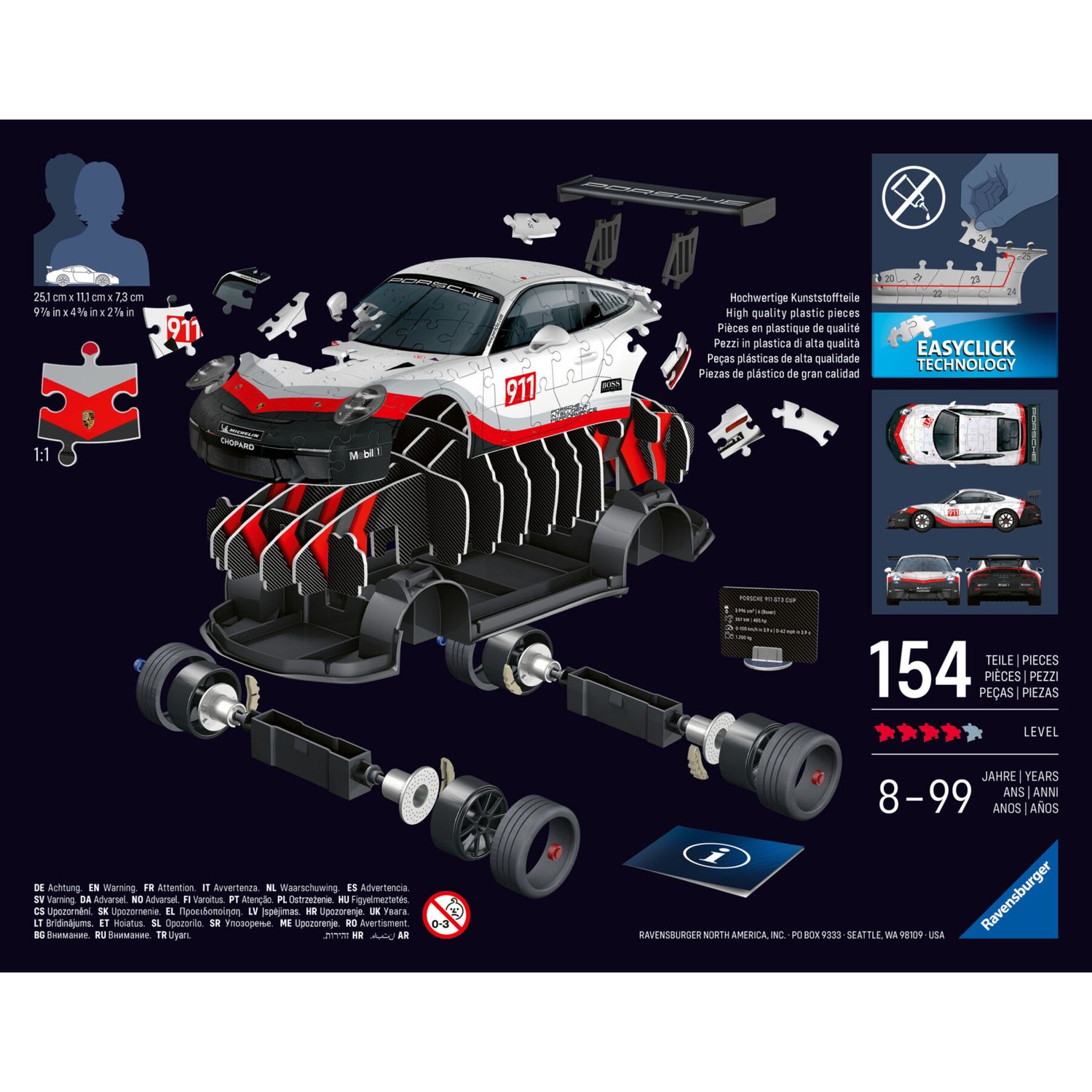 Puzzle 3d iconico: porsche 911 gt3 cup - una vera icona delle auto sportive in un dettagliato modello in scala 1:18 - RAVENSBURGER