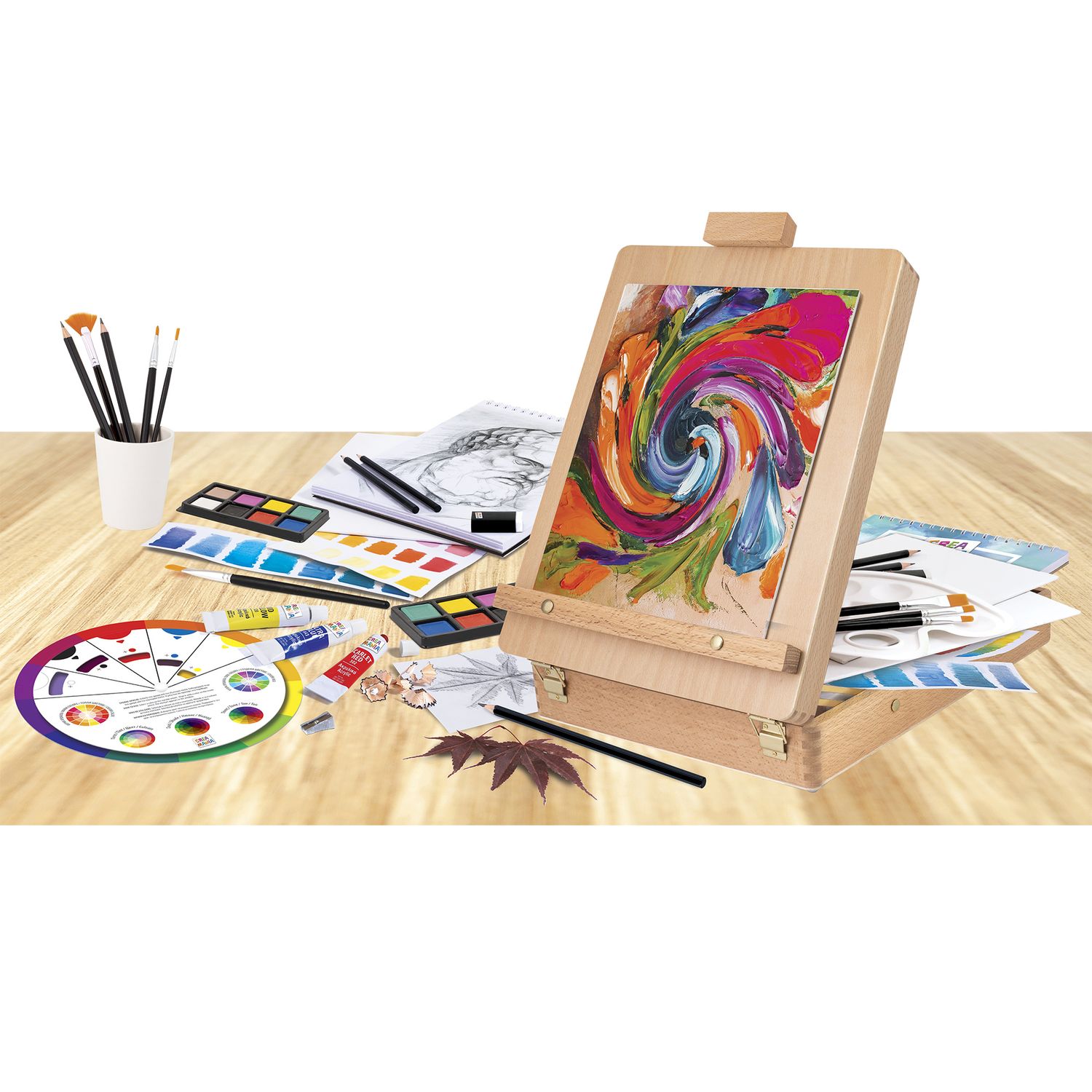 Set d’arte 2-in-1 con valigetta e cavalletto - pennelli e colori inclusi - 