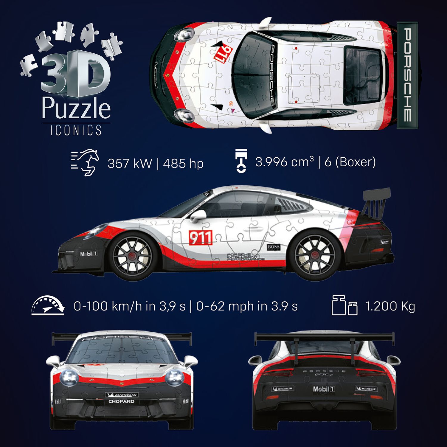 Puzzle 3d iconico: porsche 911 gt3 cup - una vera icona delle auto sportive in un dettagliato modello in scala 1:18 - RAVENSBURGER