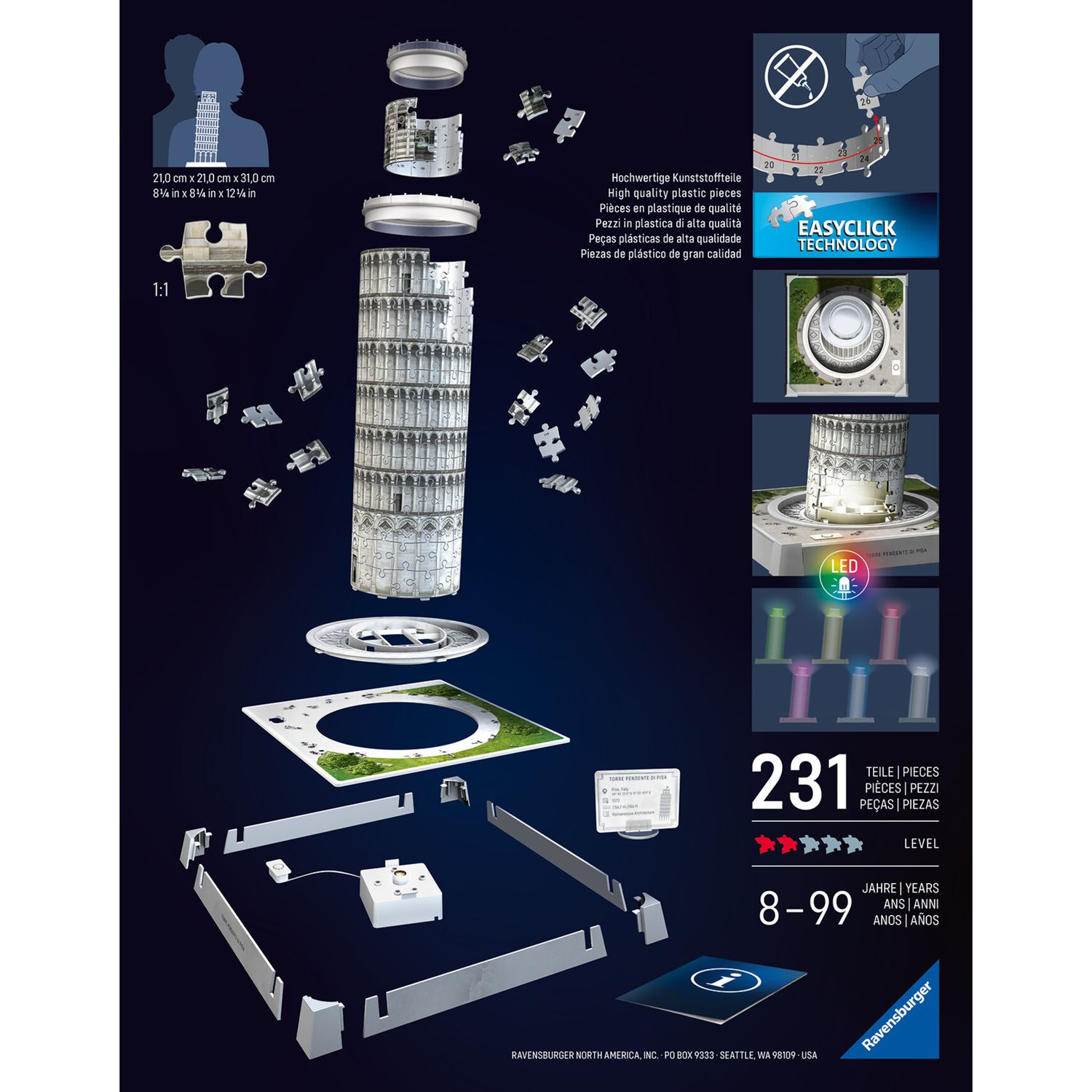 Puzzle 3d iconico: torre di pisa - replica dettagliata in un affascinante modello puzzle 3d - RAVENSBURGER