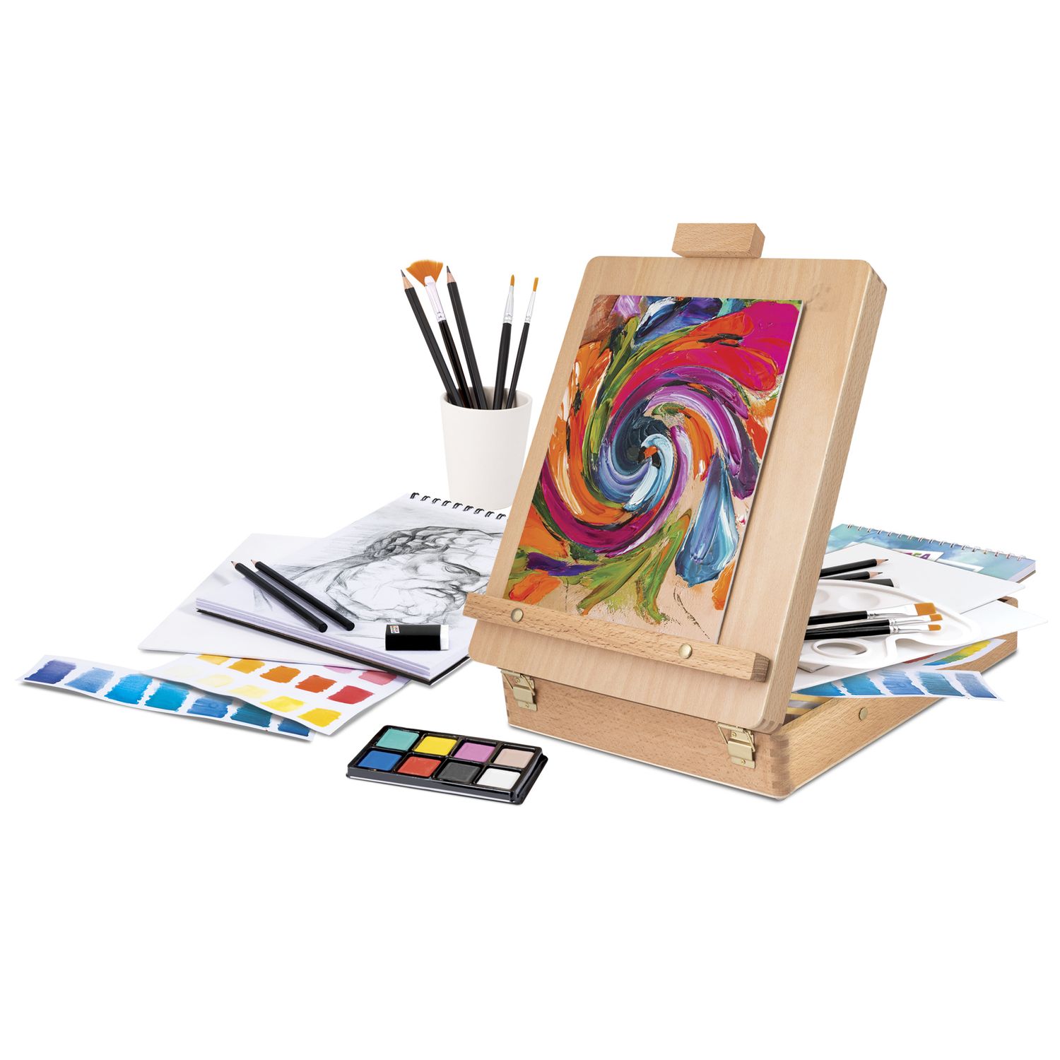 Set d’arte 2-in-1 con valigetta e cavalletto - pennelli e colori inclusi - 