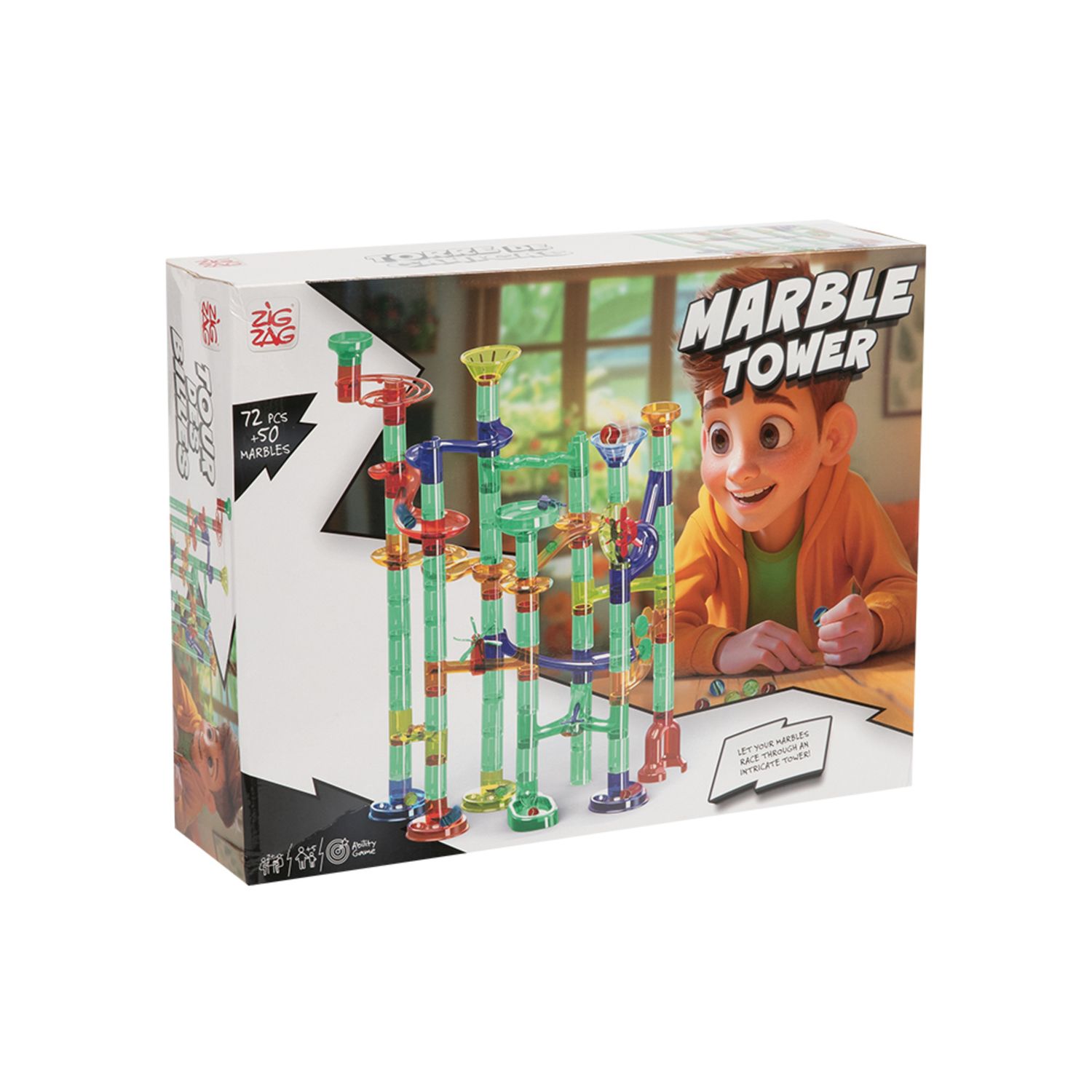Torre delle biglie con 72 pezzi modulari e 50 biglie colorate - ZIG ZAG
