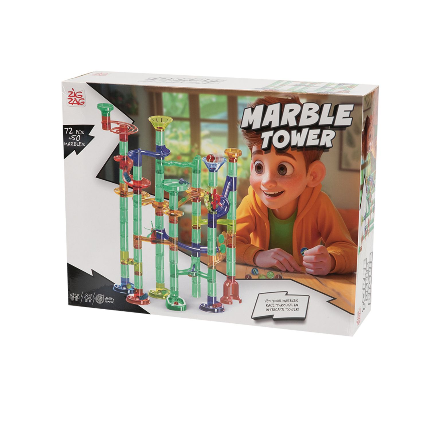 Torre delle biglie con 72 pezzi modulari e 50 biglie colorate - ZIG ZAG