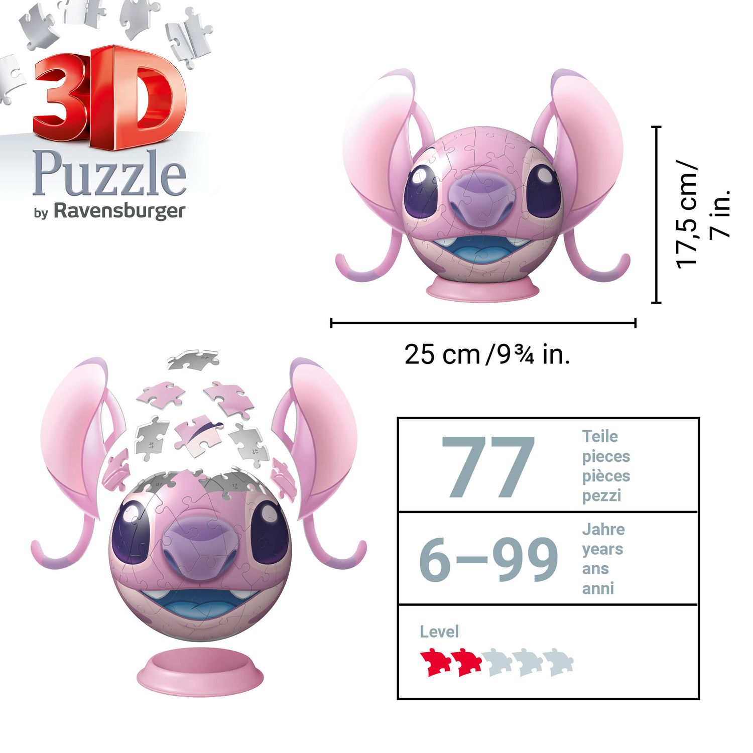 Ravensburger - 3d puzzle disney angel con le orecchie, 72 pezzi, 6+ anni - Disney Stitch