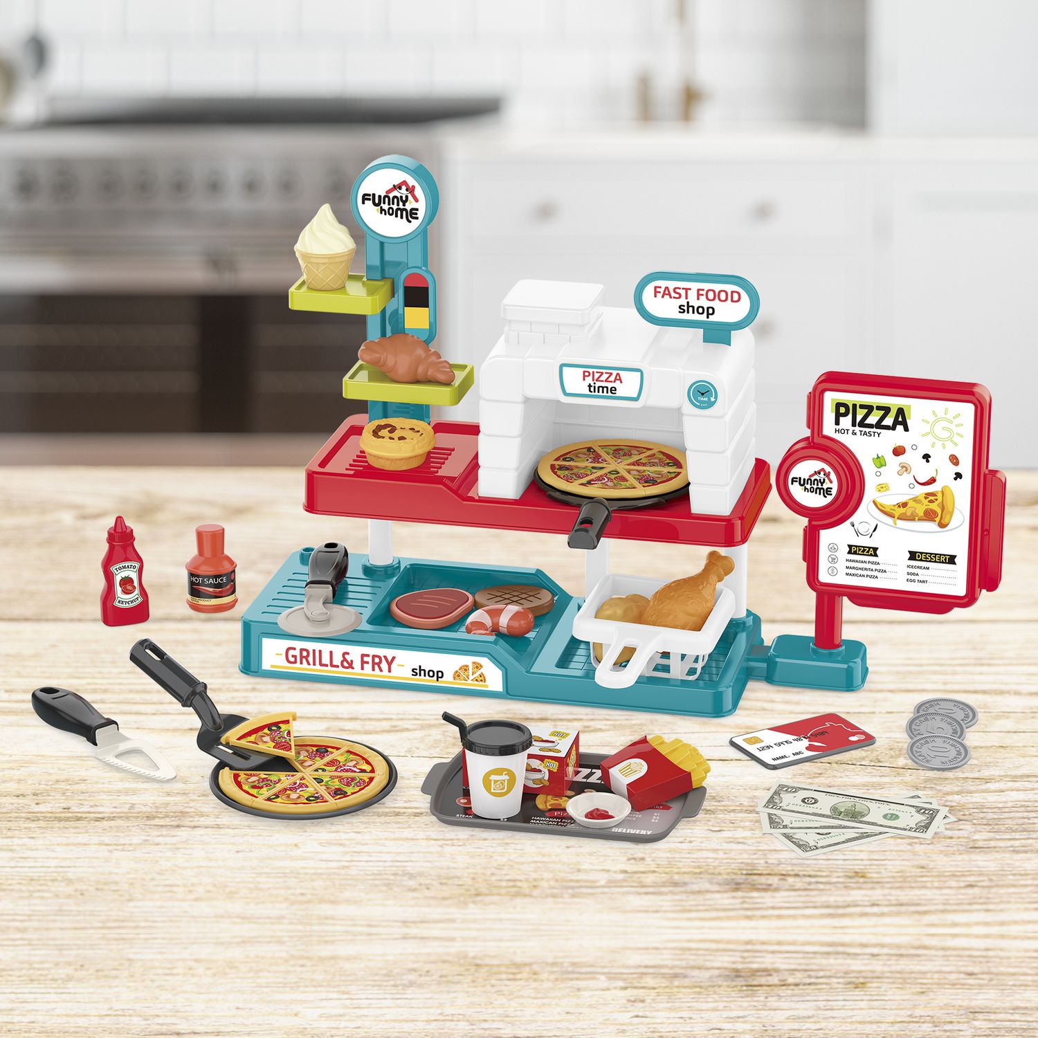 Fast food shop giocattolo con pizza, panini e accessori - FUNNY HOME