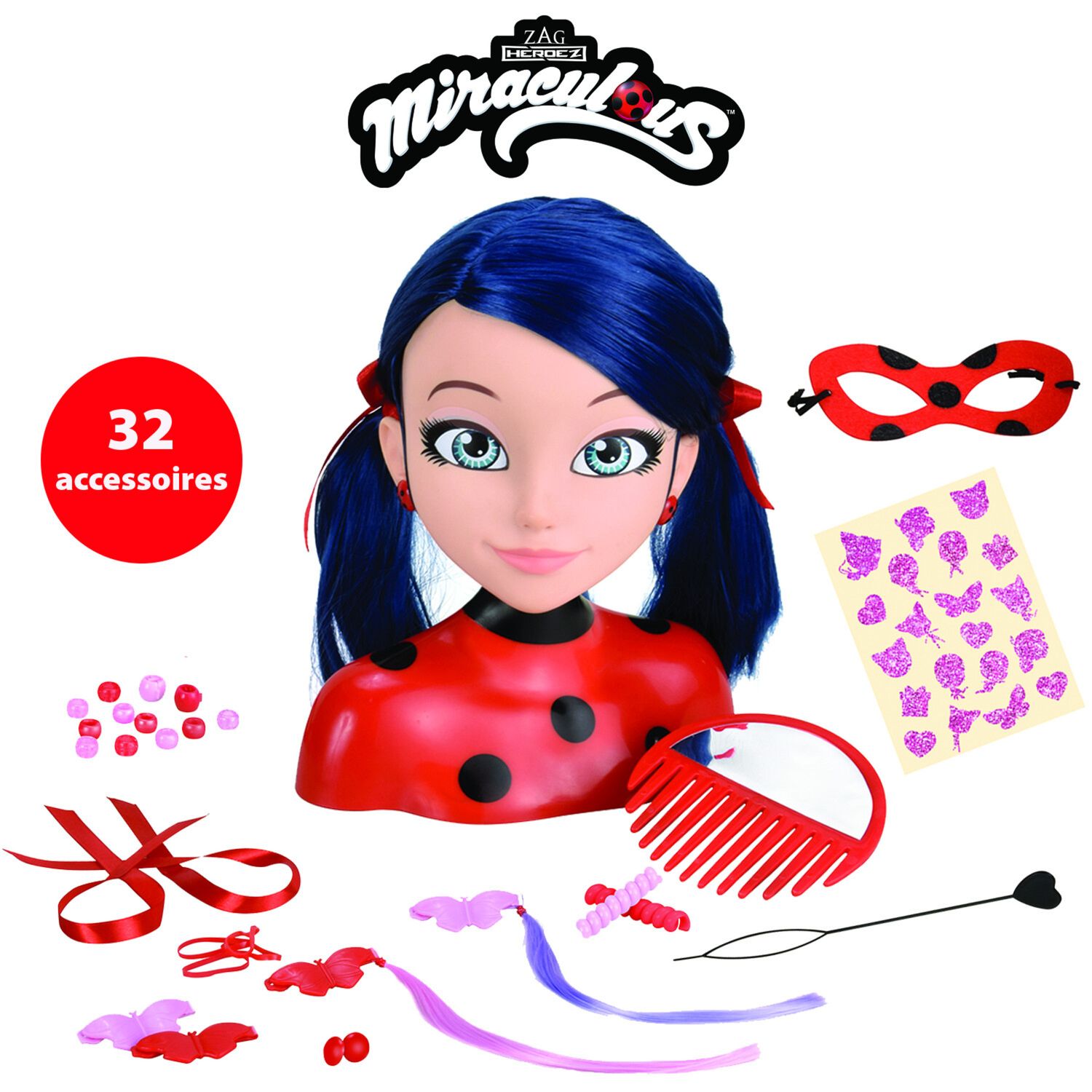 Miraculous ladybug - testa da pettinare deluxe marinette 21cm + accessori - MIRACULOUS, BANDAI