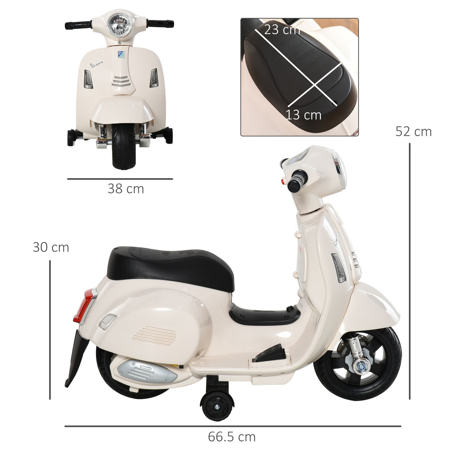 Moto elettrica per bambini con licenza ufficiale vespa batteria 6v, fari e clacson, per bimbi da 18-36 mesi, bianco, 66.5x38x52cm - 