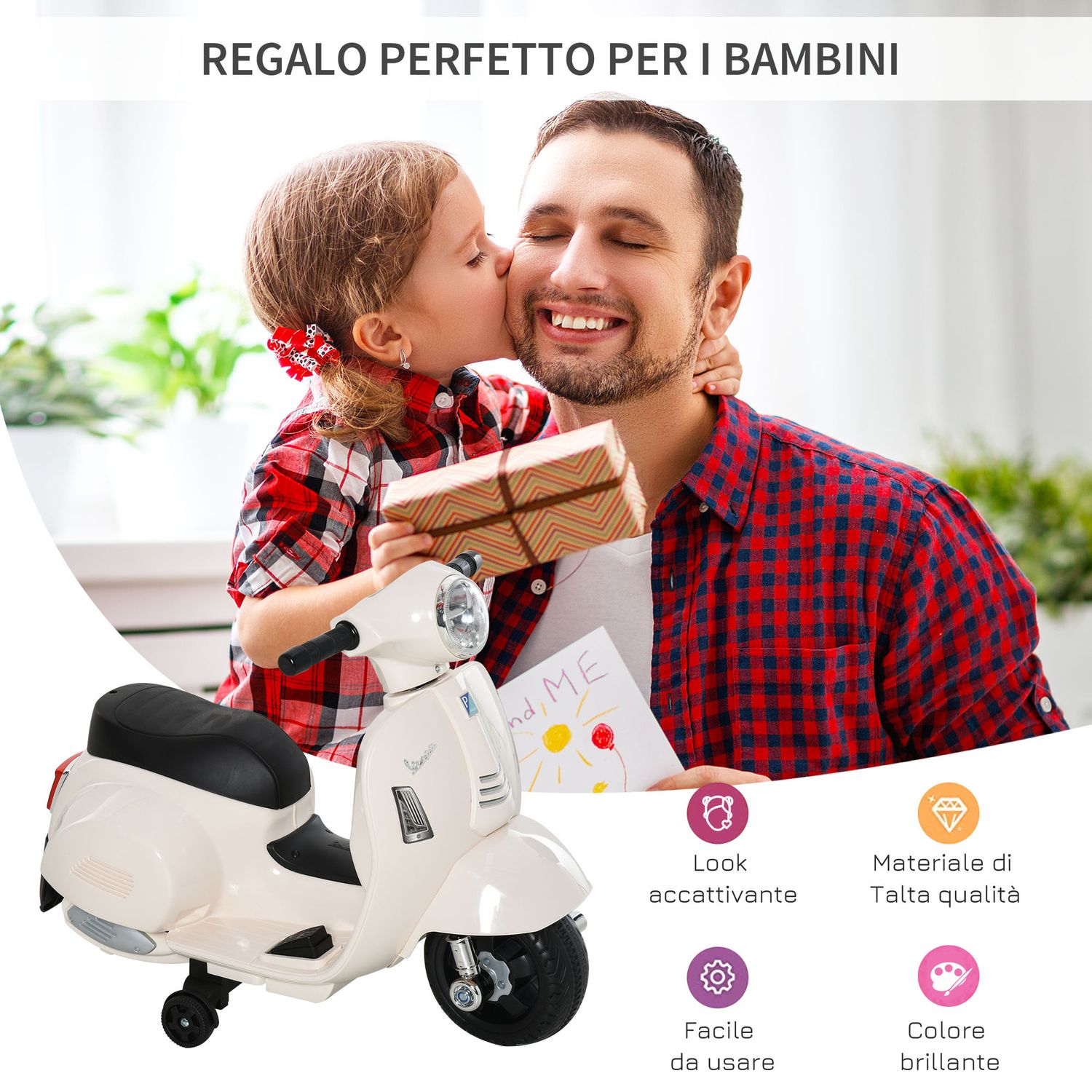 Moto elettrica per bambini con licenza ufficiale vespa batteria 6v, fari e clacson, per bimbi da 18-36 mesi, bianco, 66.5x38x52cm - 