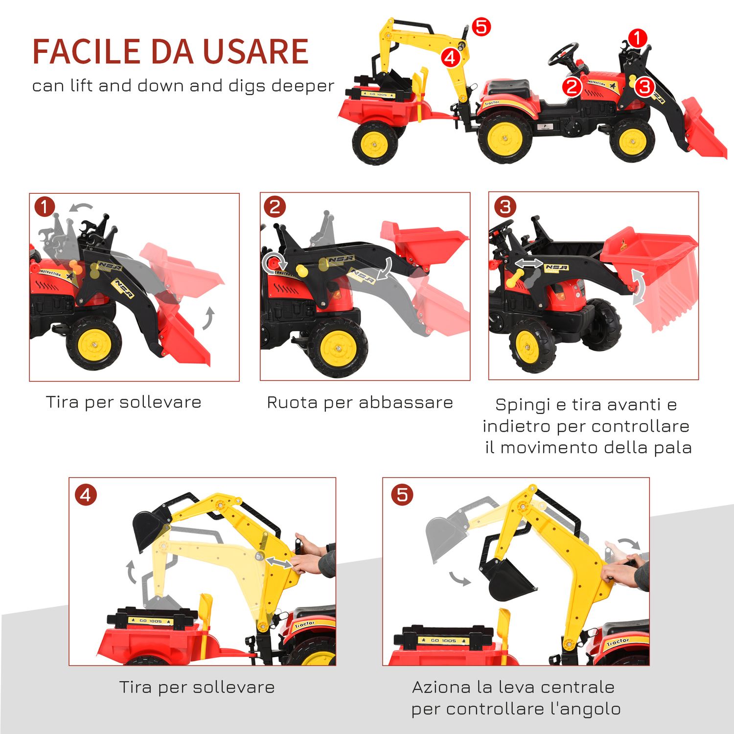 Ruspa giocattolo a pedali, escavatore cavalcabile per bambini con pale e volante, 179x42x59cm multicolore - 