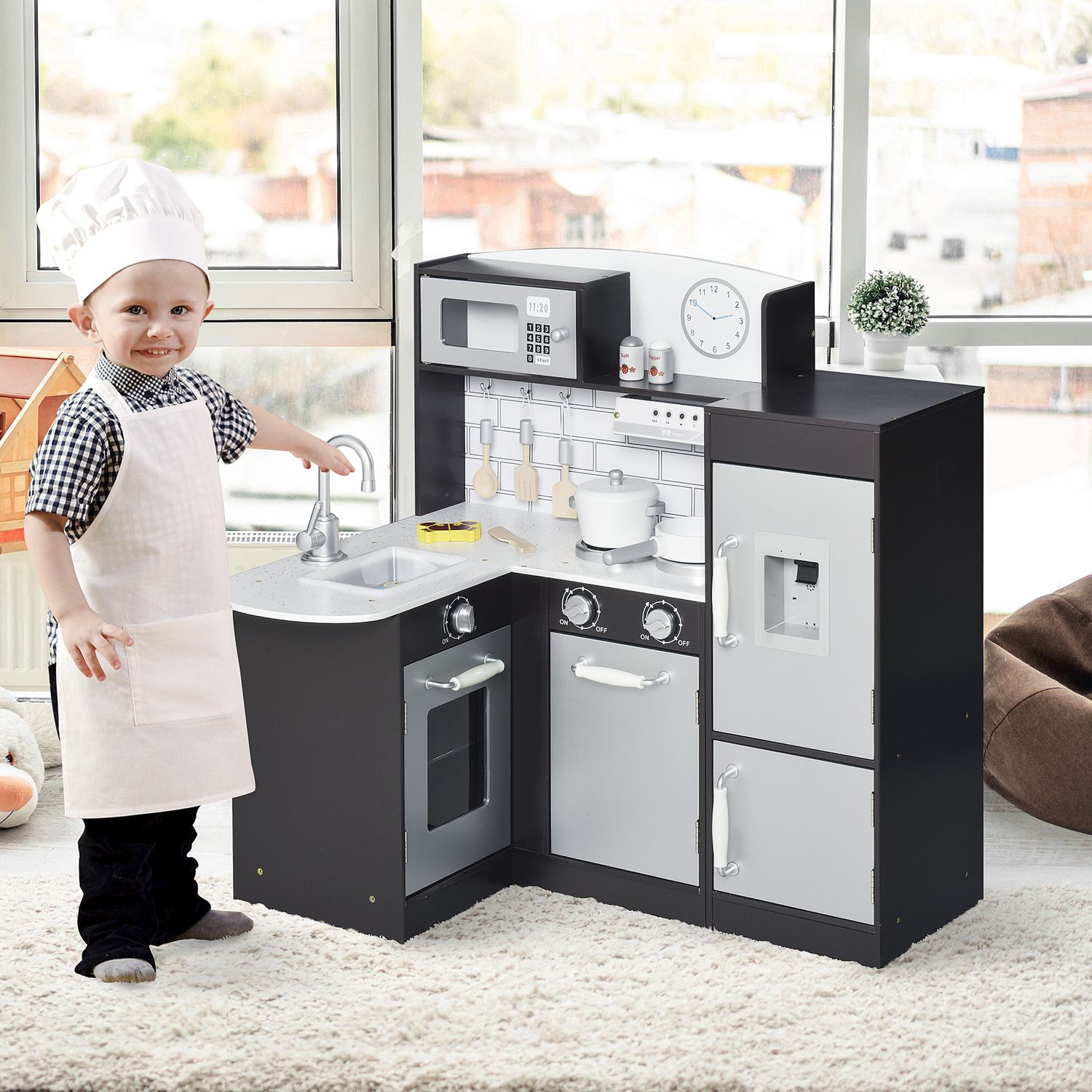 Cucina giocattolo per bambini in legno con 14 accessori, forno, lavandino, frigo e microonde, età 3+ anni, 86x64x84.5cm, argento e marrone - 