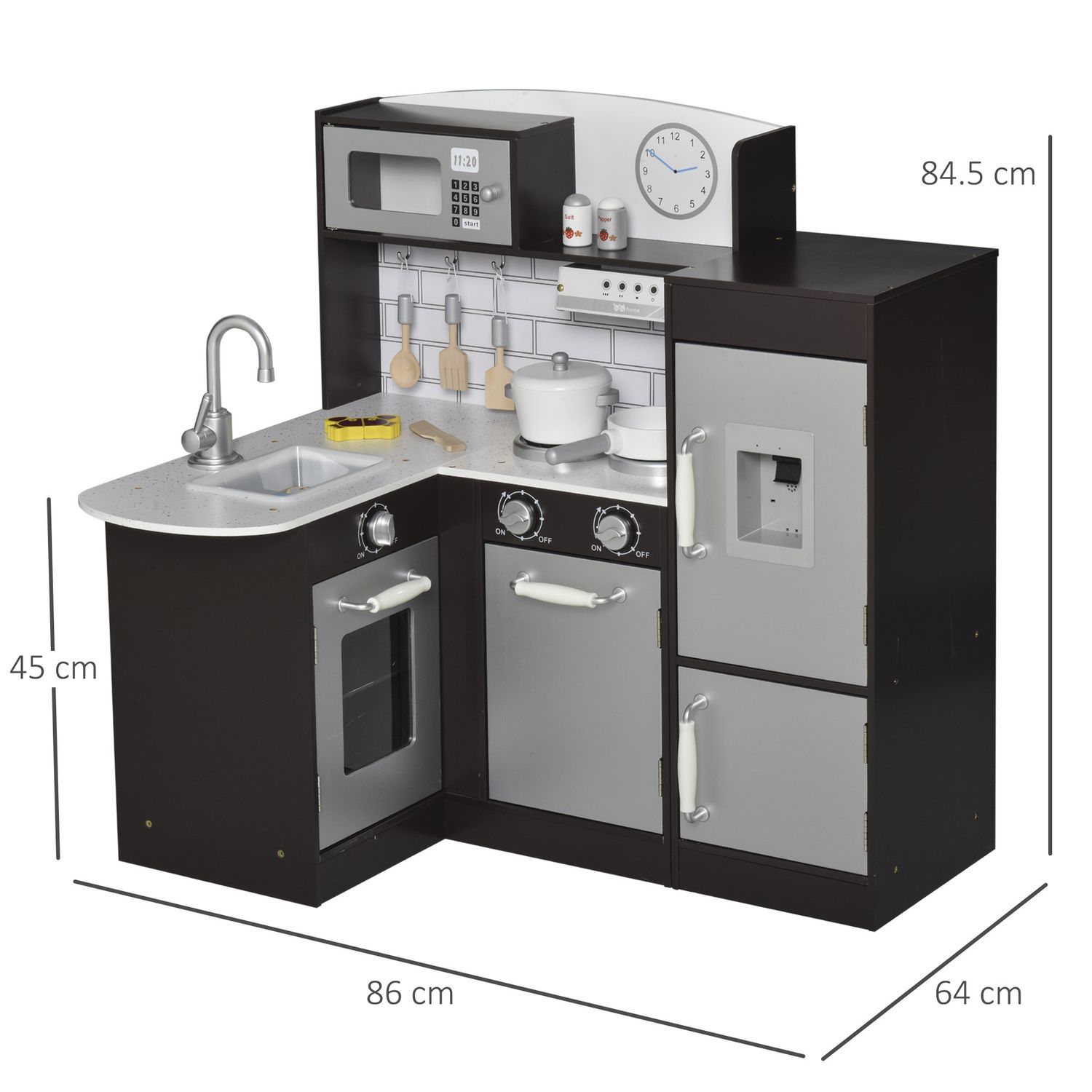 Cucina giocattolo per bambini in legno con 14 accessori, forno, lavandino, frigo e microonde, età 3+ anni, 86x64x84.5cm, argento e marrone - 