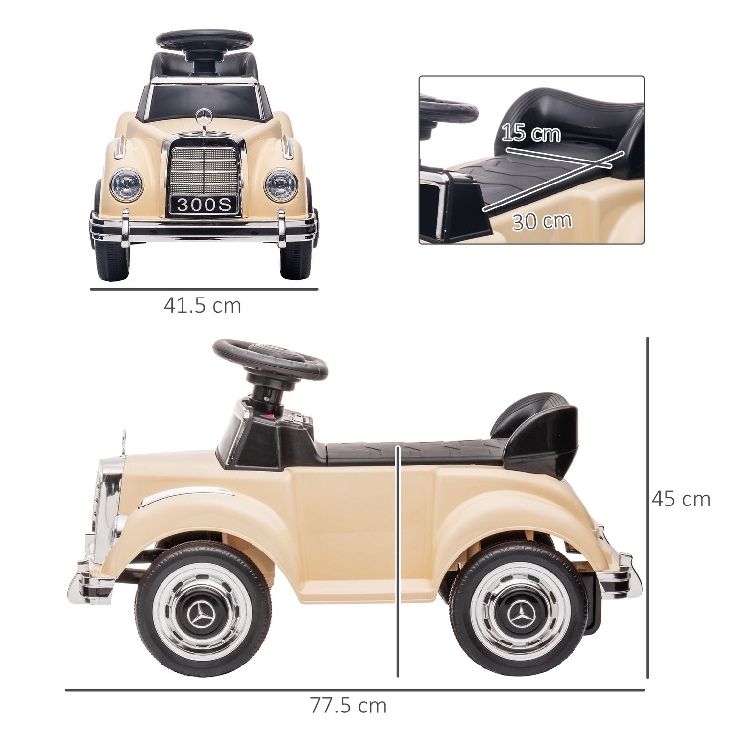 Macchina elettrica per bambini 18-48 mesi licenza mercedes-benz con musica, beige - 
