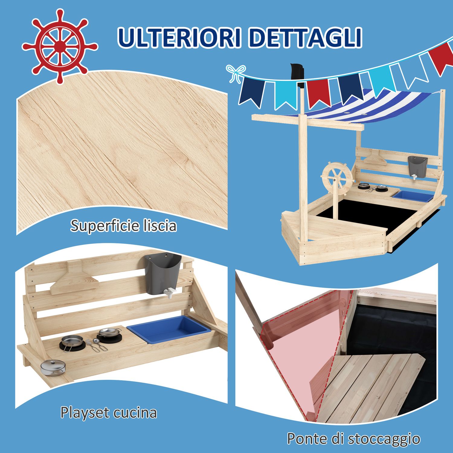 Sabbiera per bambini 3-7 anni con tettuccio e set da cucina, in legno di abete, 180x103x144.5 cm - 