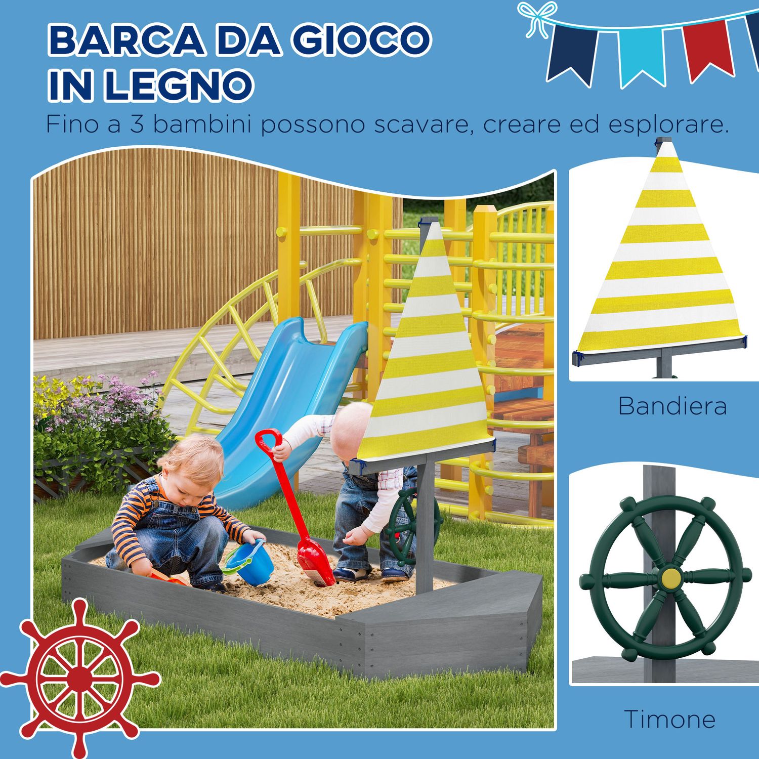 Sabbiera per bambini 3-8 anni a forma di barca, in legno di abete e poliestere, 190x90x138 cm - 