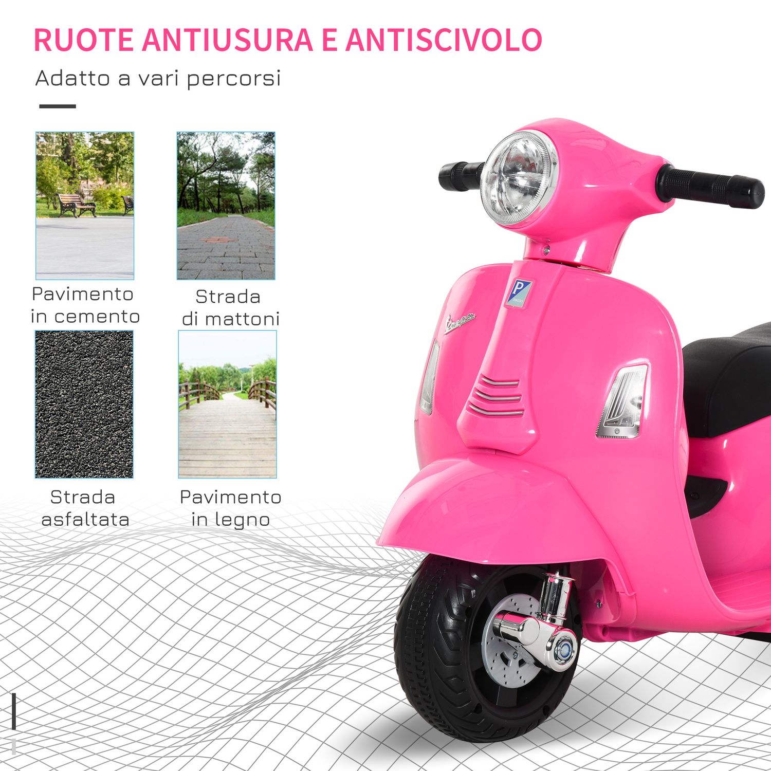 Moto elettrica per bambini con licenza ufficiale vespa batteria 6v, fari e clacson, per bimbi da 18-36 mesi, rosa, 66.5x38x52cm - 