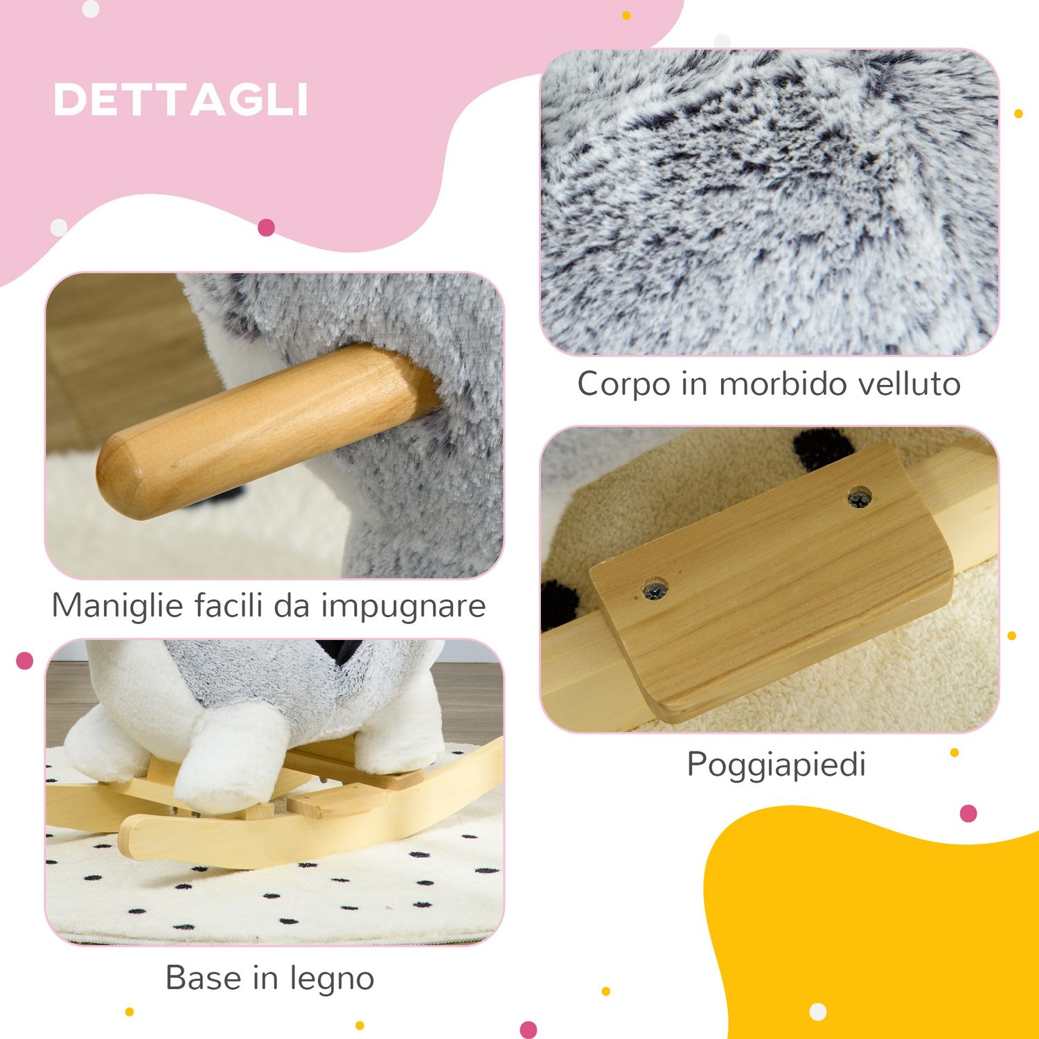 Cavallo a dondolo a forma di cane husky per bambini da 18-36 mesi, 60x33x50cm, grigio - 