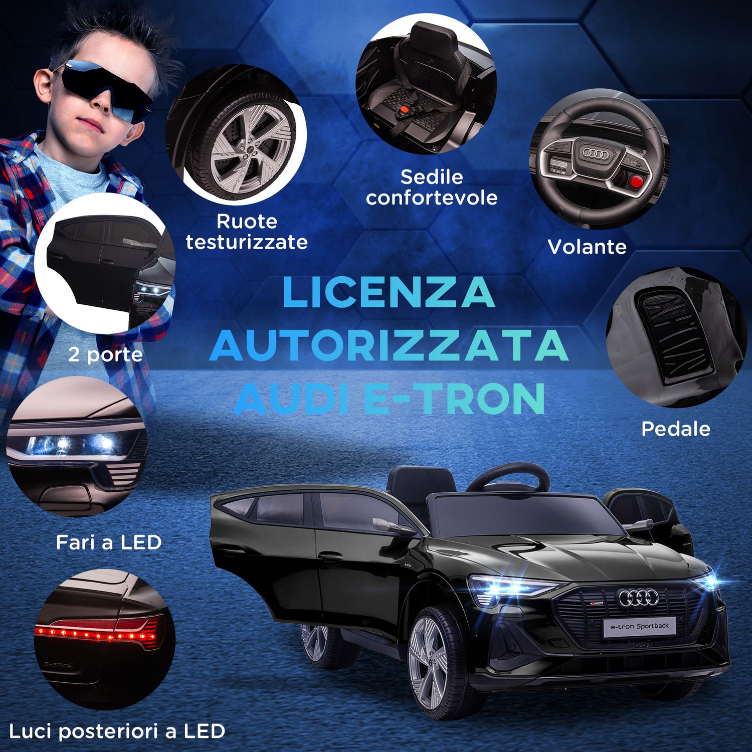 Macchina elettrica per bambini 12v con telecomando, velocità 3-8km/h, luci e musica, età 3-5 anni, nero - 