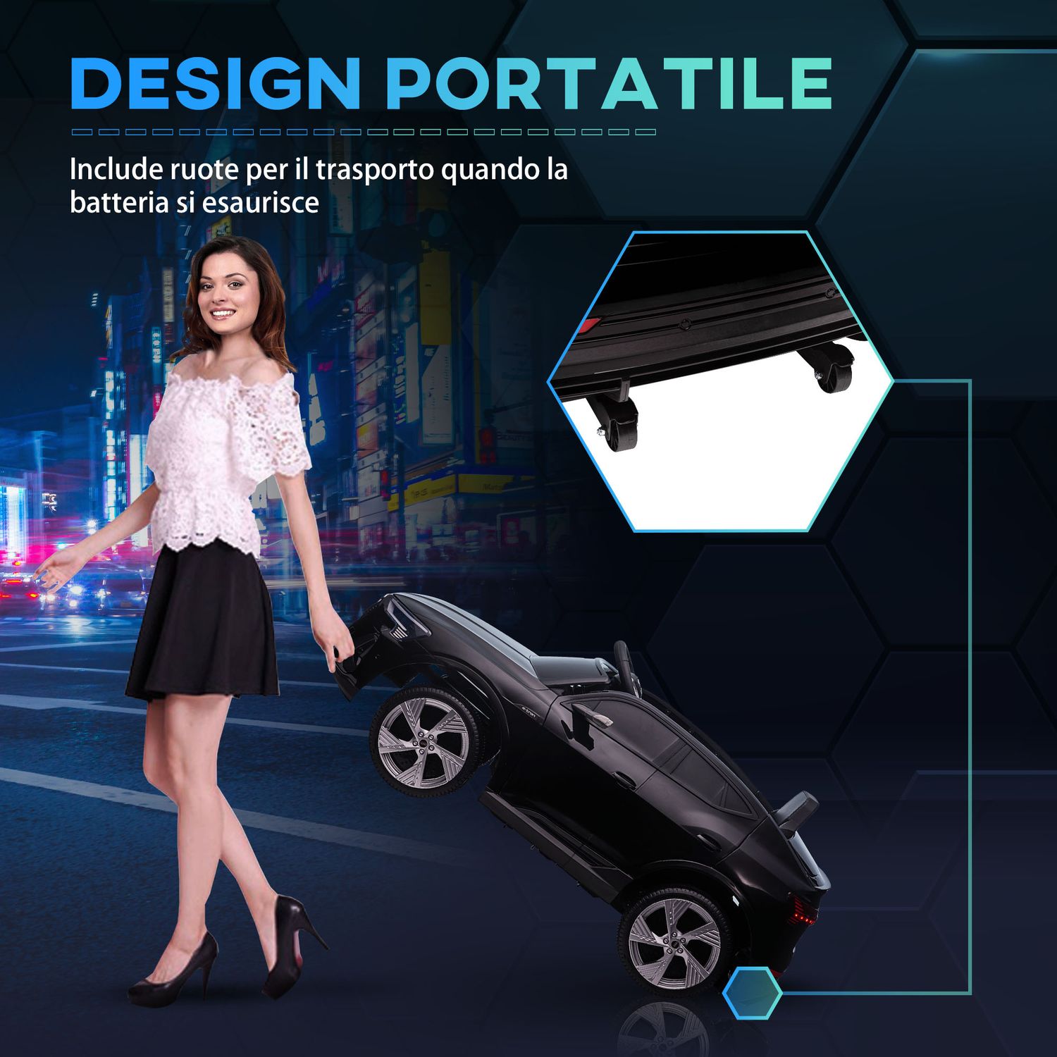 Macchina elettrica per bambini 12v con telecomando, velocità 3-8km/h, luci e musica, età 3-5 anni, nero - 