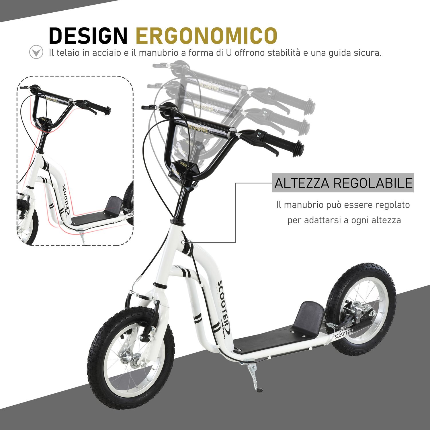 Monopattino con manubrio regolabile, ruote grandi, 2 freni e telaio in acciaio, bianco, 120x58x85-95cm, max 100kg - 