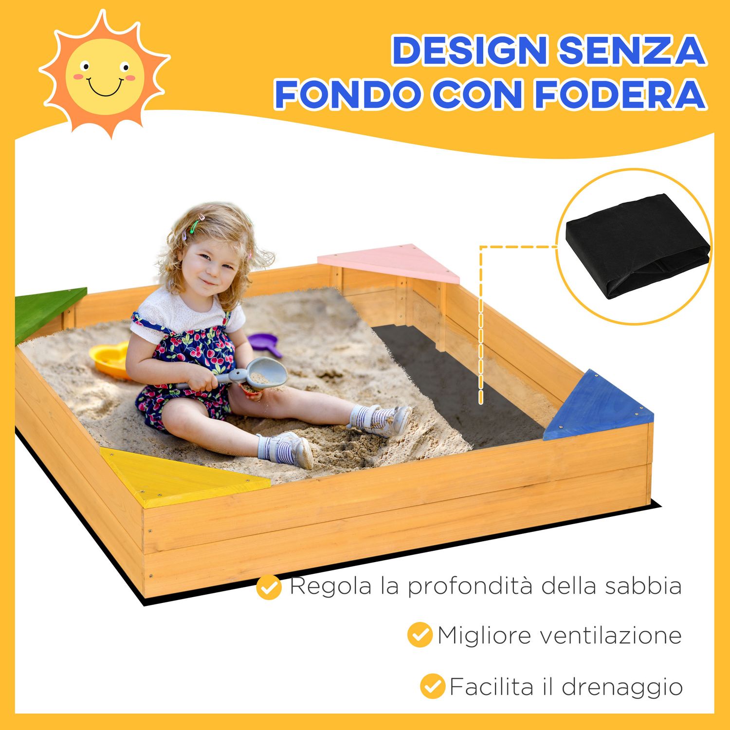 Sabbiera per bambini da 4 posti in legno di abete con design senza fondo, 109x109x19.8 cm - 