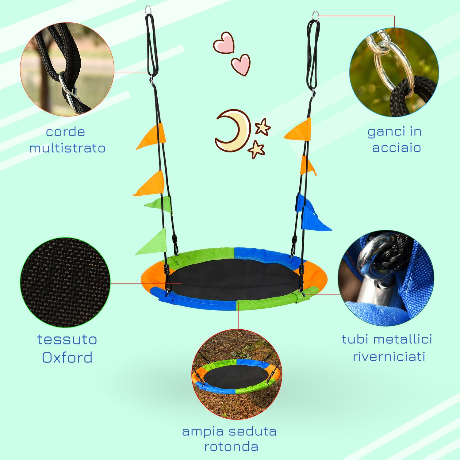 Altalena rotonda a nido per bambini di +3 anni per giardino, esterni, interni, cameretta, multicolor φ100x120-180acm - 