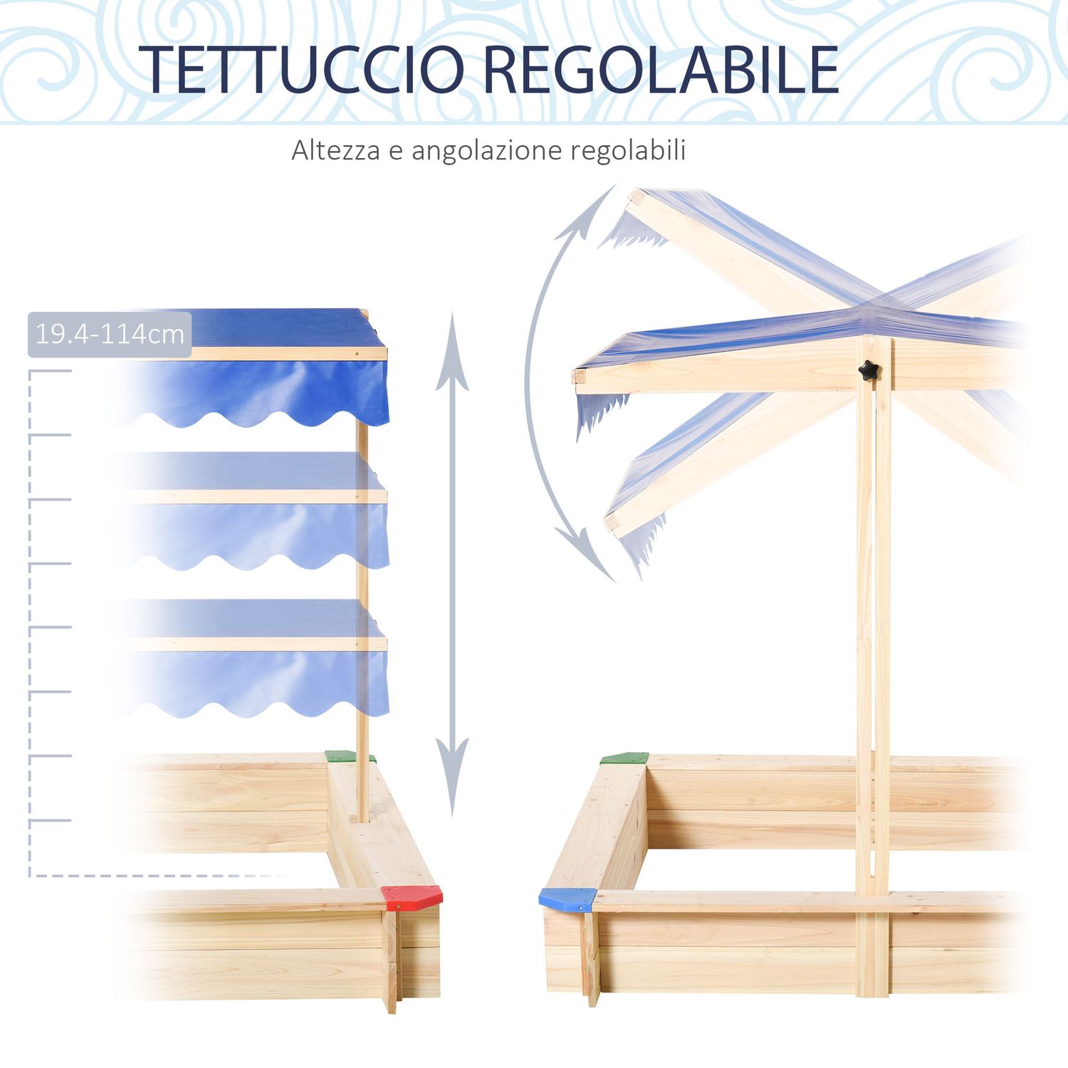 Sabbiera per bambini in legno con panca e tettuccio parasole regolabile, 120x120x120cm, colore legno e blu - 