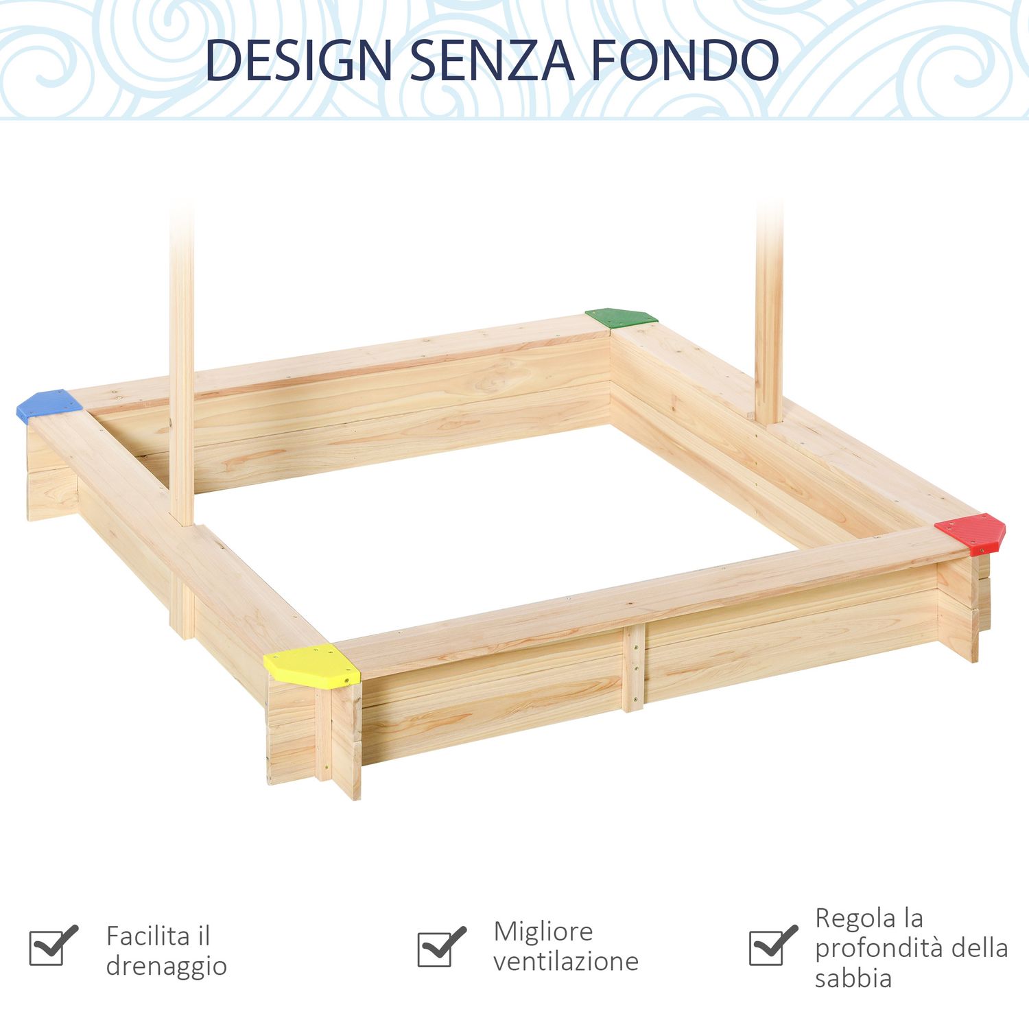 Sabbiera per bambini in legno con panca e tettuccio parasole regolabile, 120x120x120cm, colore legno e blu - 