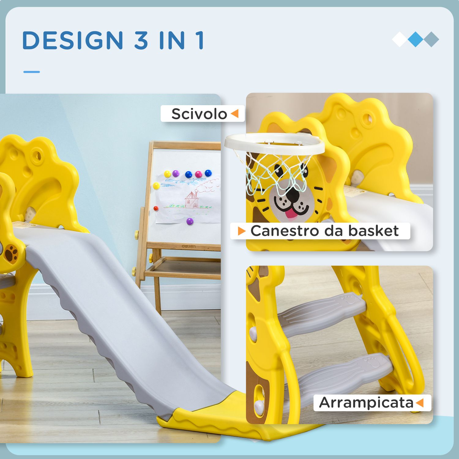 Scivolo per bambini 18-36 mesi con canestro da basket laterale in pe, 131x50x74 cm, giallo e grigio - 