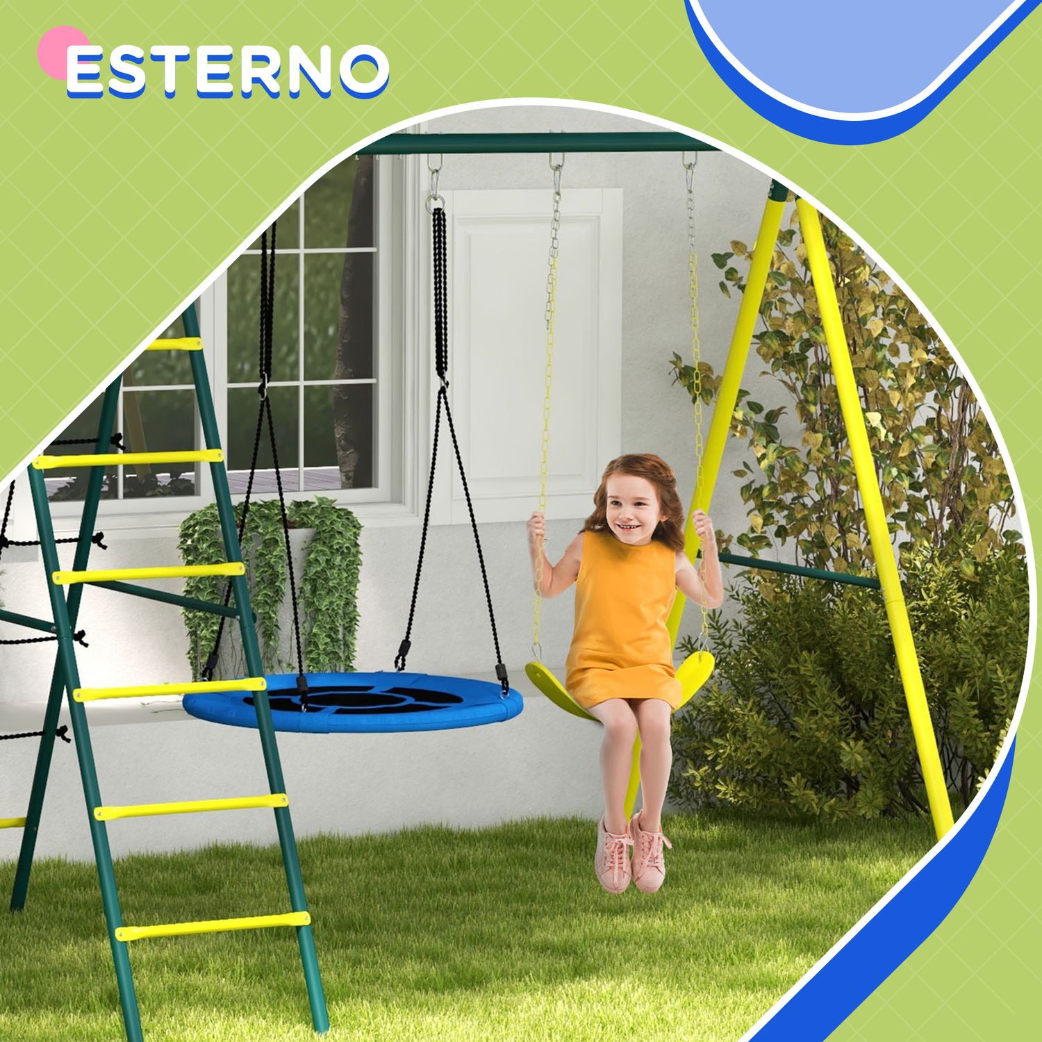Set altalene da giardino rotonda e classica, scalette in acciaio e corda e canestro per bambini 3-8 anni - 