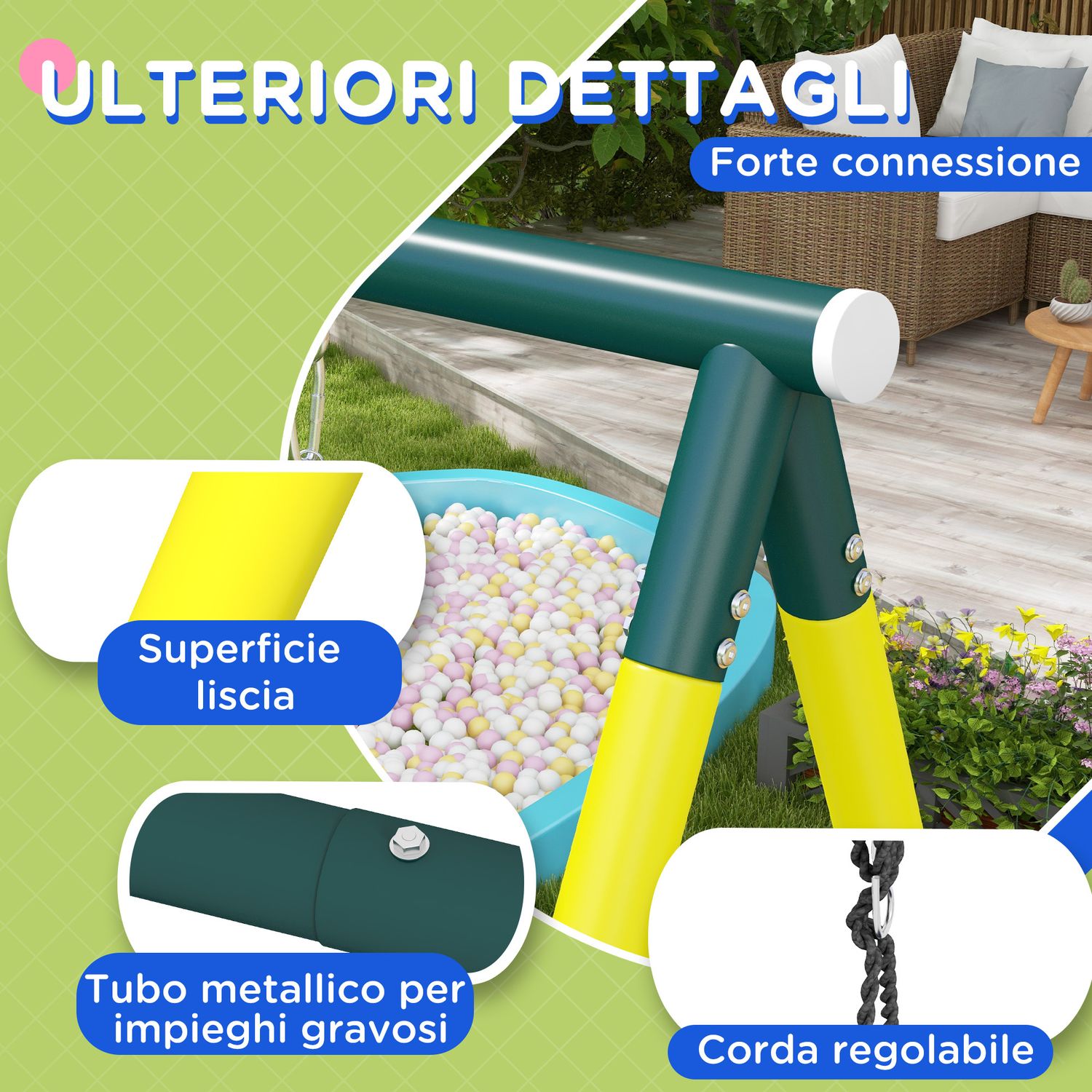 Set altalene da giardino rotonda e classica, scalette in acciaio e corda e canestro per bambini 3-8 anni - 