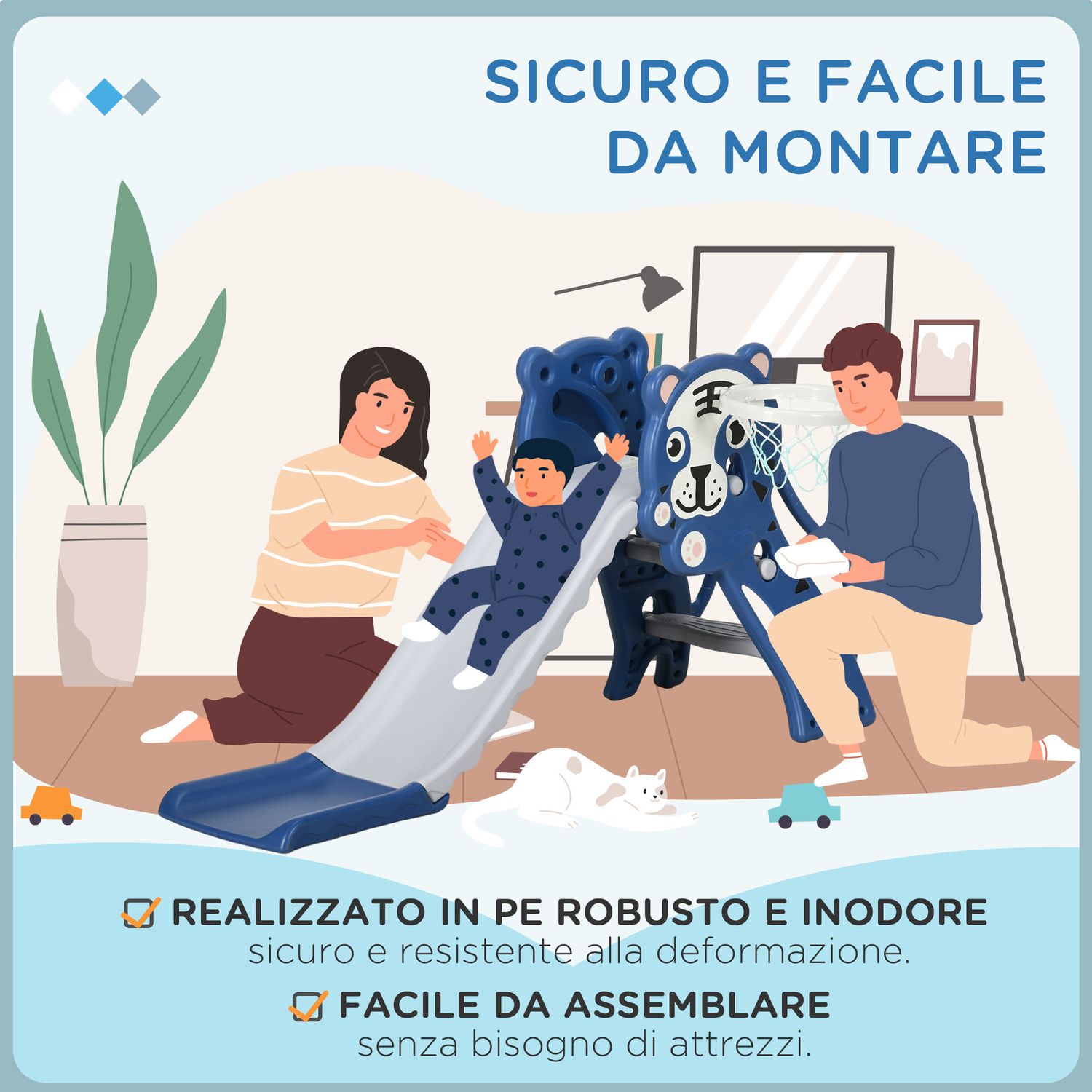 Scivolo per bambini 18-36 mesi con canestro da basket laterale in pe, 133x60x70 cm, blu e grigio - 