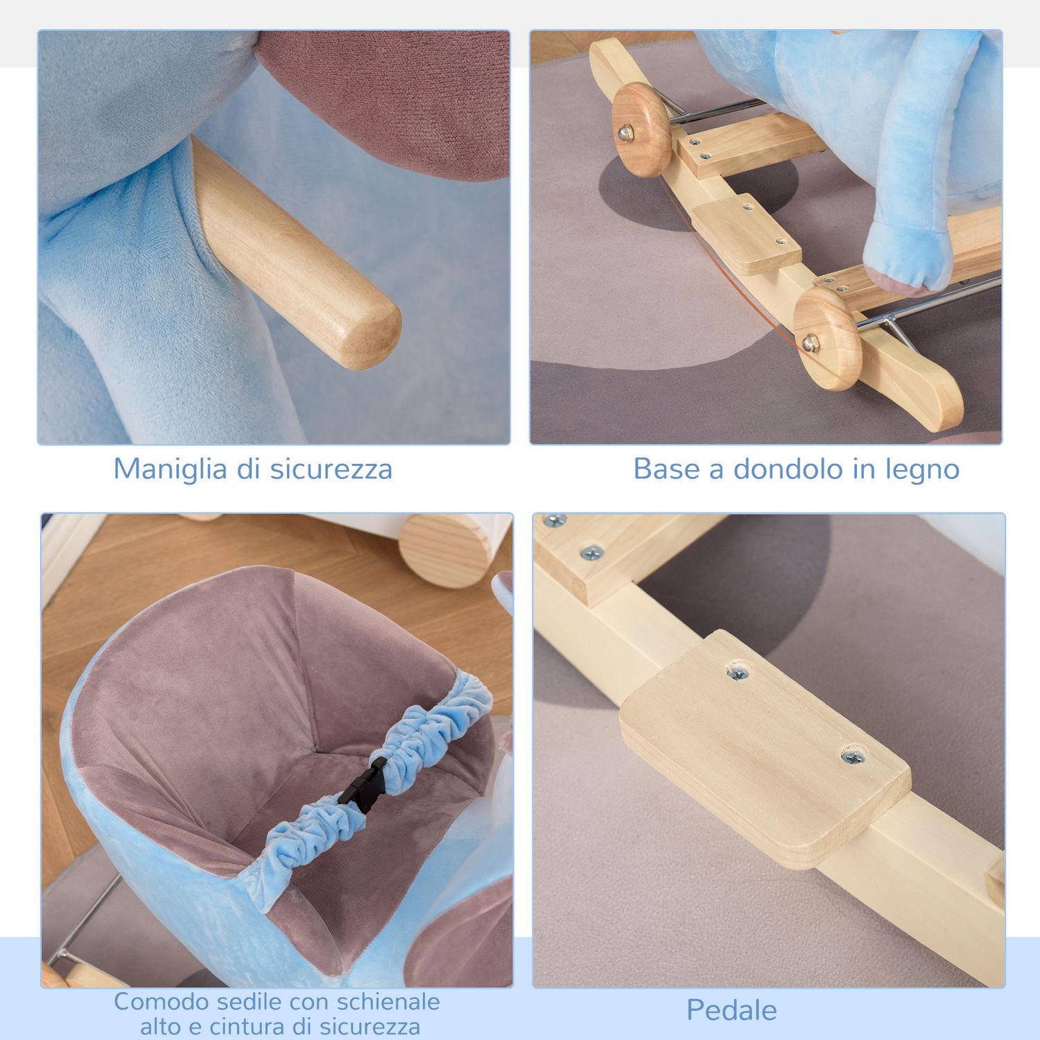 Animale a dondolo a forma di elefante con rotelle e cintura, in peluche, legno e acciaio, 60x35x45 cm, blu - 