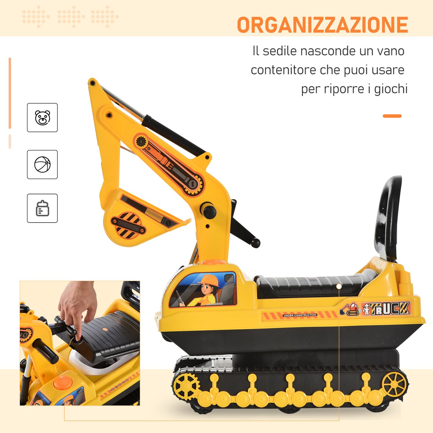 Escavatore ruspa giocattolo cavalcabile per bambini max. 30 kg con schienale, braccio mobile e vano contenitore, 78x24x58.5cm - 